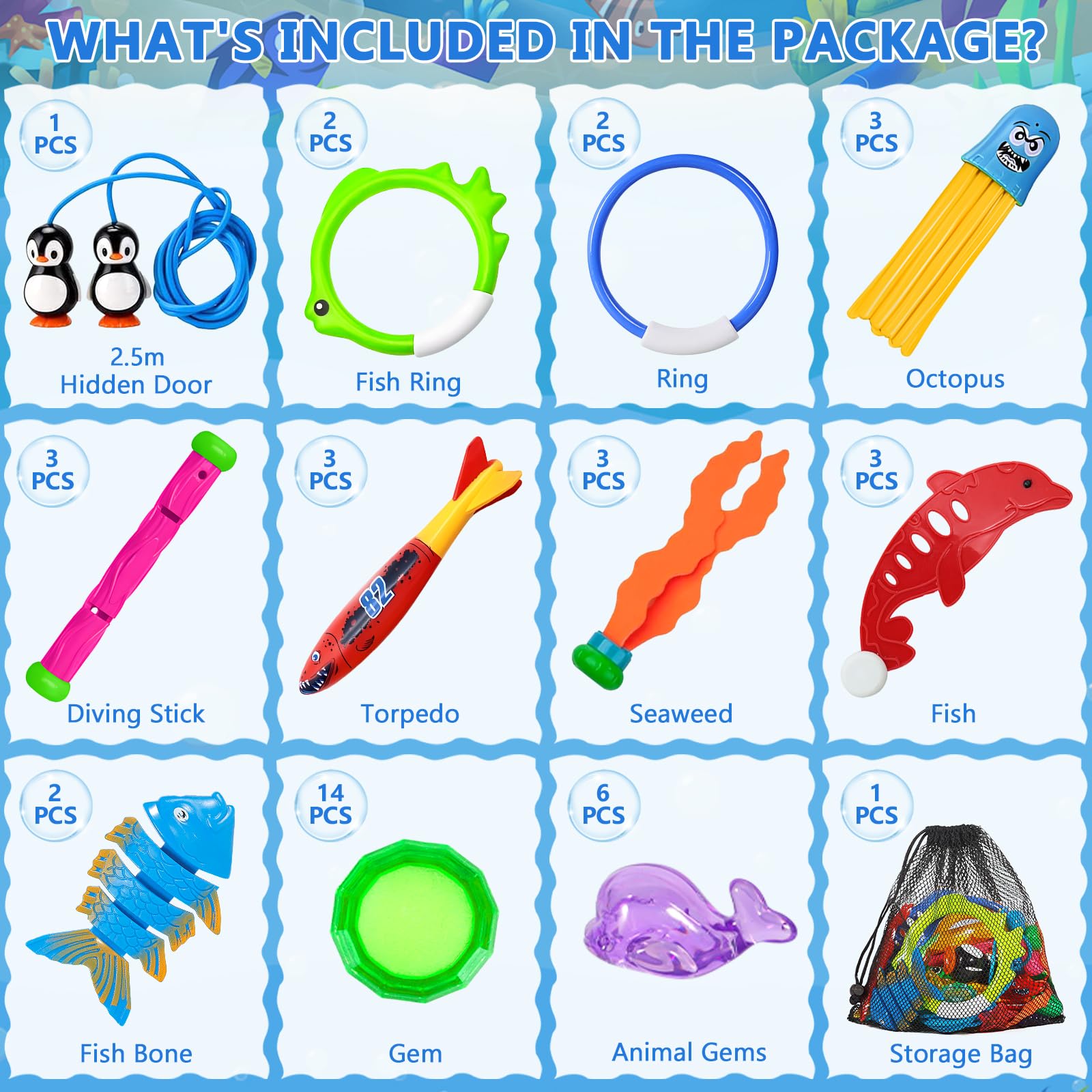 Frasheng - Set 41 Pièces Jouets De Plongée Pour Piscine - Anneaux, Torpedos, Dauphins - Sac De Rangement - 5 Ans+