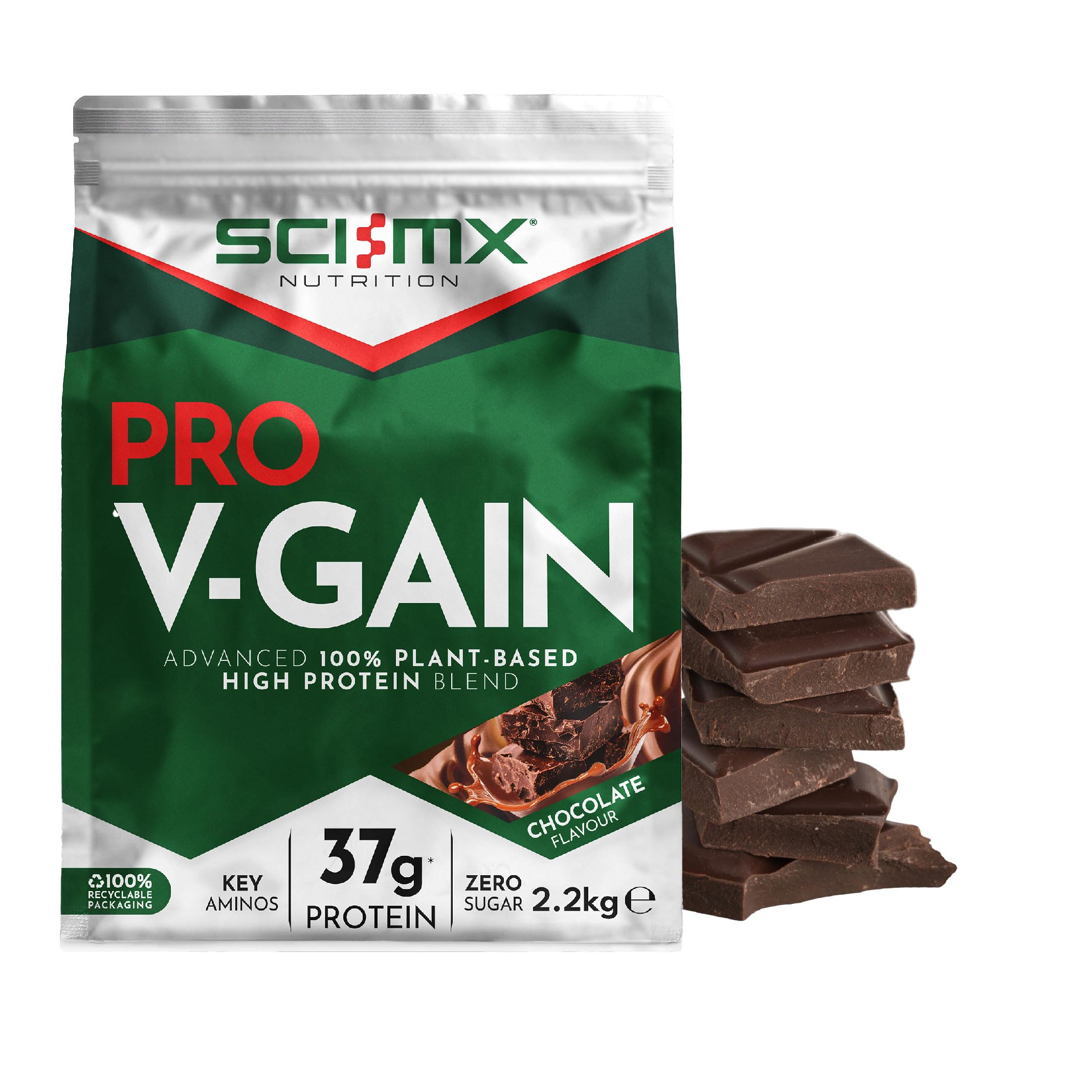 SCI-MX Pro-V Gain - 100% Vegan Chocolate Flavour Soy Protein Powder Isolate + B12 + Magnesium - Muscle Growth & Maintenance - Sugar Free, Non-GMO - 2.2KG (49 servings) 33g of protein per serving