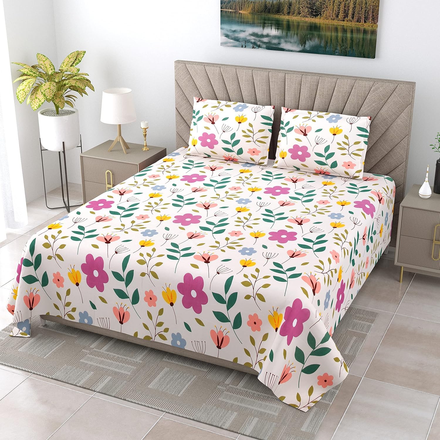 DECOMIZER XXL Microfiber Soft Cotton Super King Size Bedsheet for Double Bed, King Size 108 Inches X 108 Inches, 9 Feet, 275 X 275 cm with 2 Large Size Pillow Covers Without Joint - Purple Bale Flower