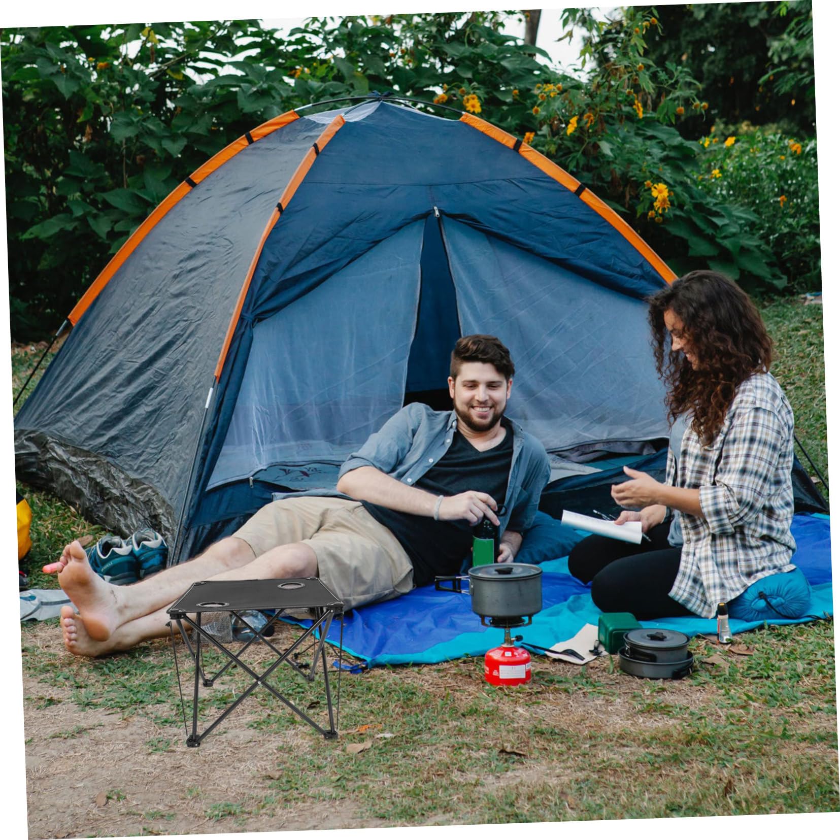 ibasenice Table de Camping Pliante Portable, Tissu Oxford Noir, Structure en Fer, 2 Poches Porte-gobelets, pour Pique-niques et Activités en Plein Air