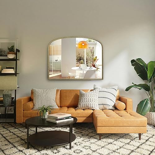 Miniatura 6 de Espejo de pared arqueado de oro antiguo, 36 x 28 pulgadas con marco de cuentas de metal, espejo decorativo para chimenea, dormitorio, sala de estar,