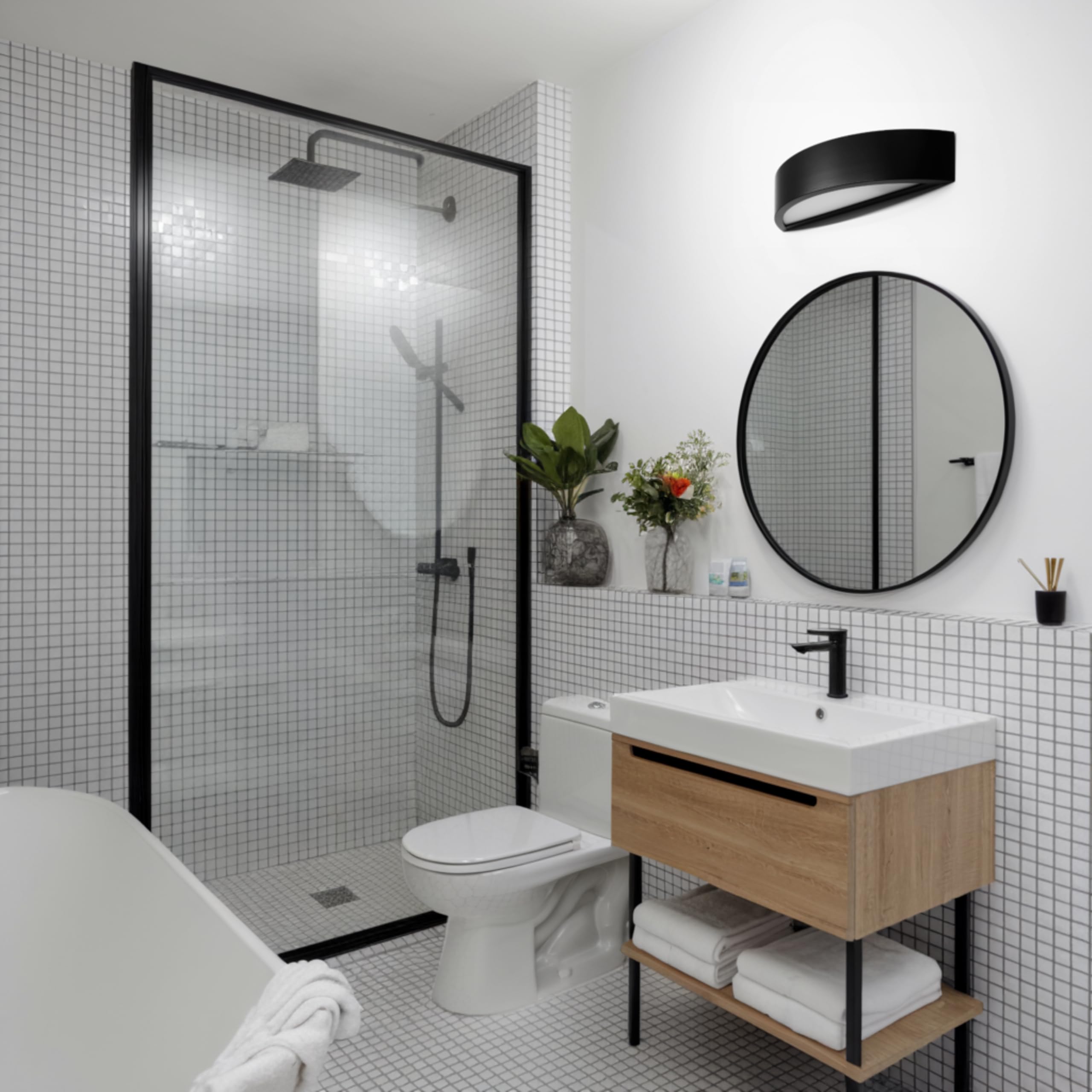 Wandleuchte Innen E27 Oben-Unten Beleuchtung - Wandlampe Holz Schwarz - Modern Halbrunde Wandbeleuchtung für Schlafzimmer, Wohnzimmer, Flur, Küche - Stilvolle Kiefernholz LEJA