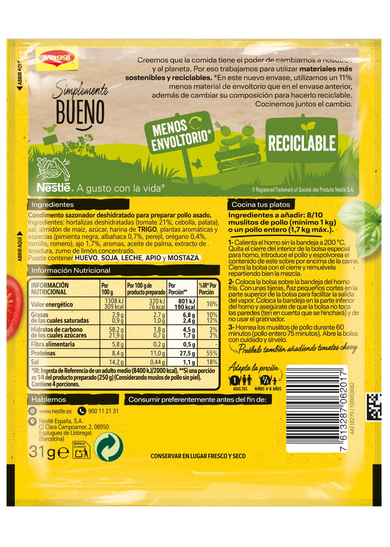 MAGGI Jugoso al Horno Receta Mediterránea 16x31g Bolsa para Horno con Condimentos Airfryer