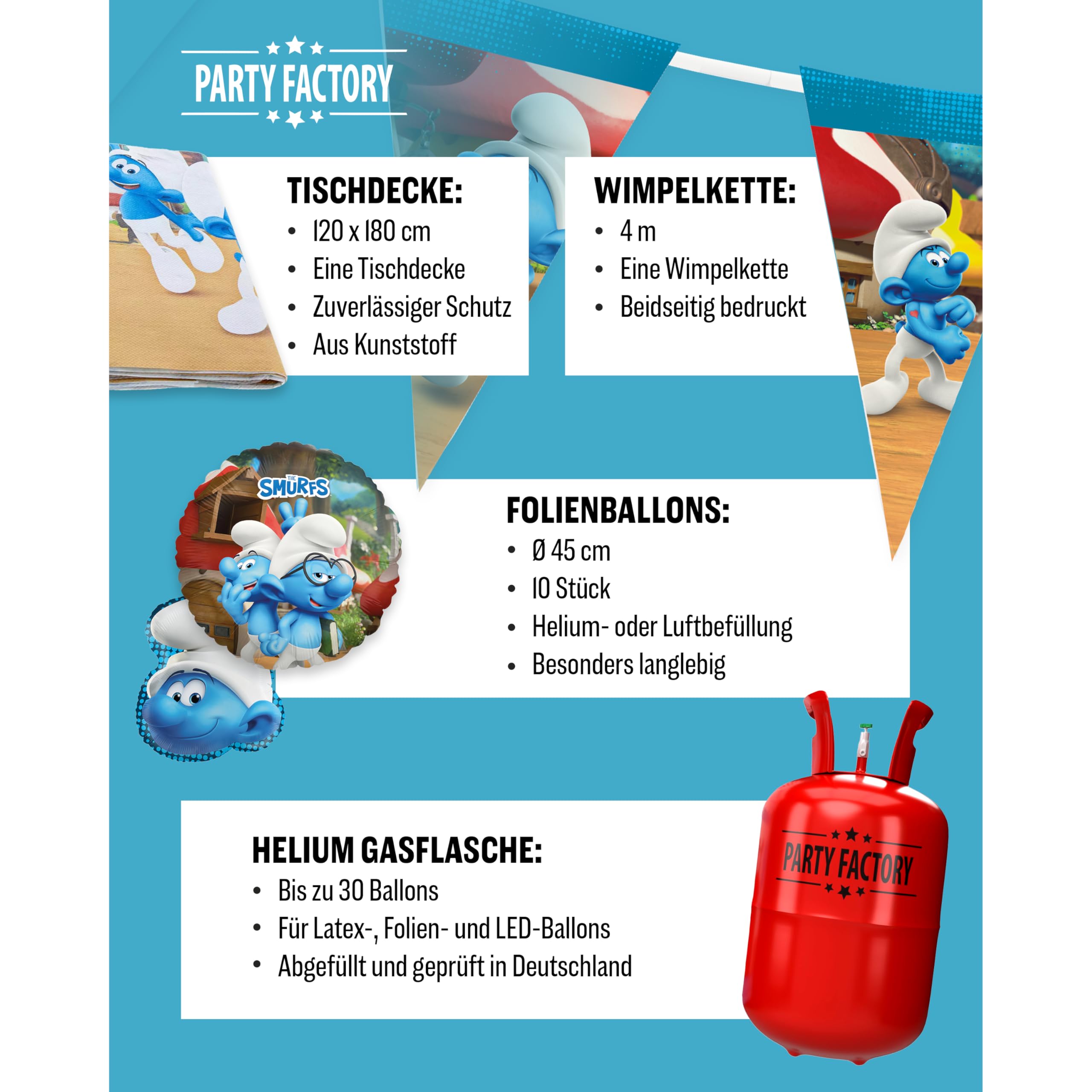 Die Schlümpfe – Schlumpfige Geburtstagsdeko Komplettset für Kinder - 85 tlg. Tischdeko Pappgeschirr mit Wimpelkette für Kindergeburtstag & Mottopartys - Party Deko Bundle mit Tellern, Servietten etc.