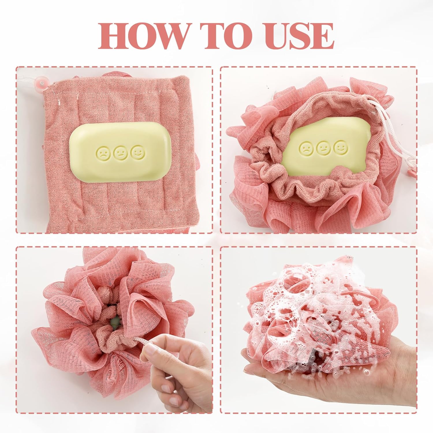 3 PCS Soap Bar Loofah,2 in 1 Bar Soap Loofah Pouch,Can Hold Soap,Effective Exfoliation,for Bathing (Khaki+ Beige+ Pink) - Image 3