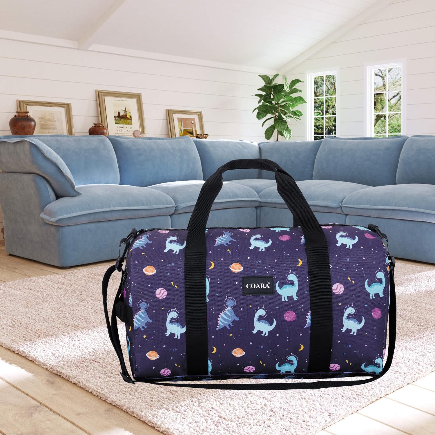 Kids Duffle Bag Overnight Bags for Boys and Girls Weekender Sleepover Carry-On Tote for Traveling Gym Sport Dance (Dinosaur Navy) - Image 2