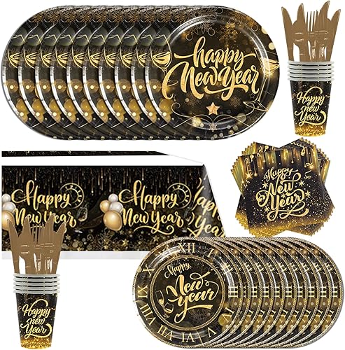 Juego de vajilla para fiesta de Año Nuevo 2024 de oro negro para 10 invitados, incluyendo mantel, servilleta, cuchillo, tenedor, cuchara, plato de disponible en Yaxa Peru
