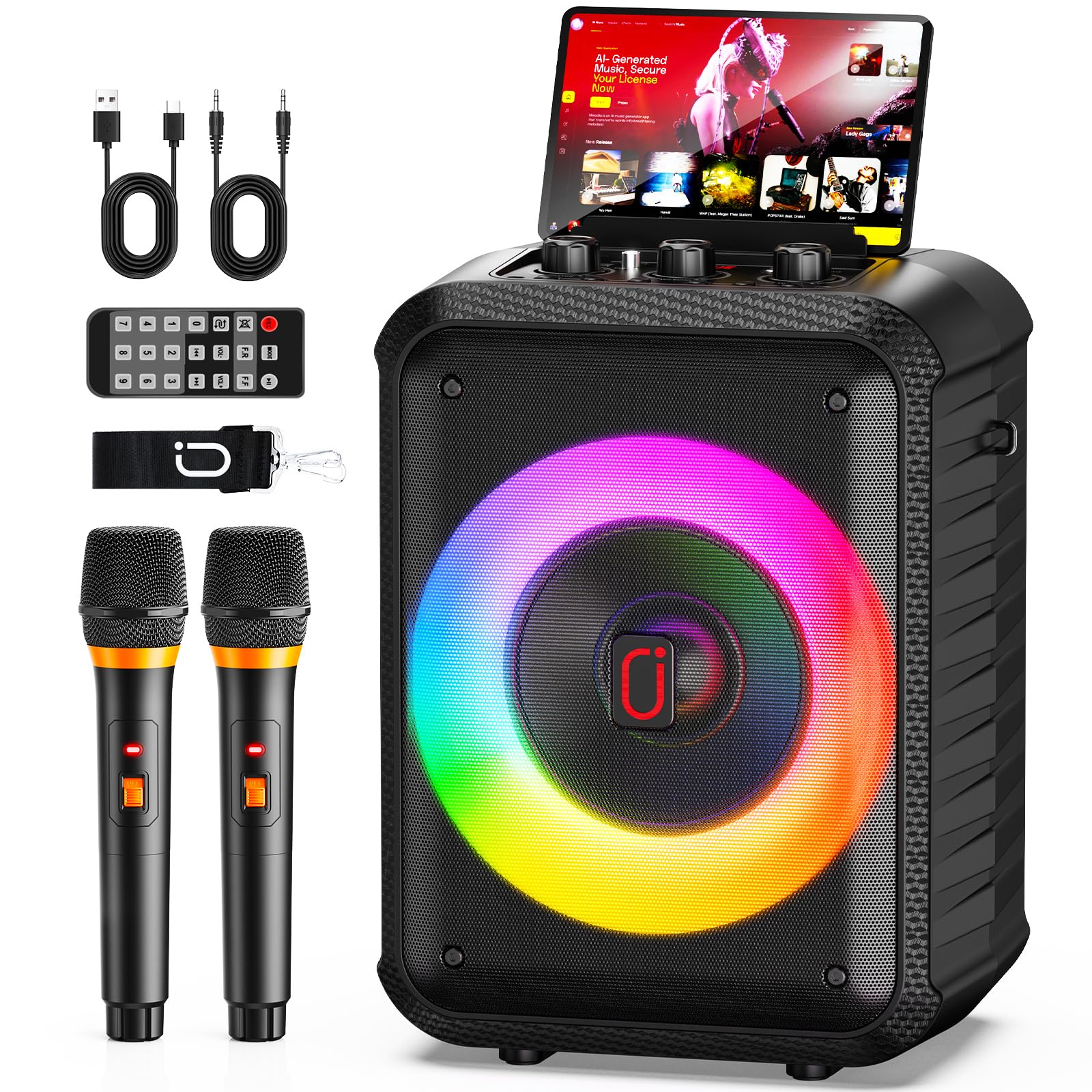HWWR Karaoke Adulte, 120W Enceinte Karaoke 2 Micro sans Fil, Haut-Parleur Bluetooth Portable, Système de Sonorisation Professionnel avec Lumières LED pour Fête à Domicile, Support TF/USB/AUX/TWS