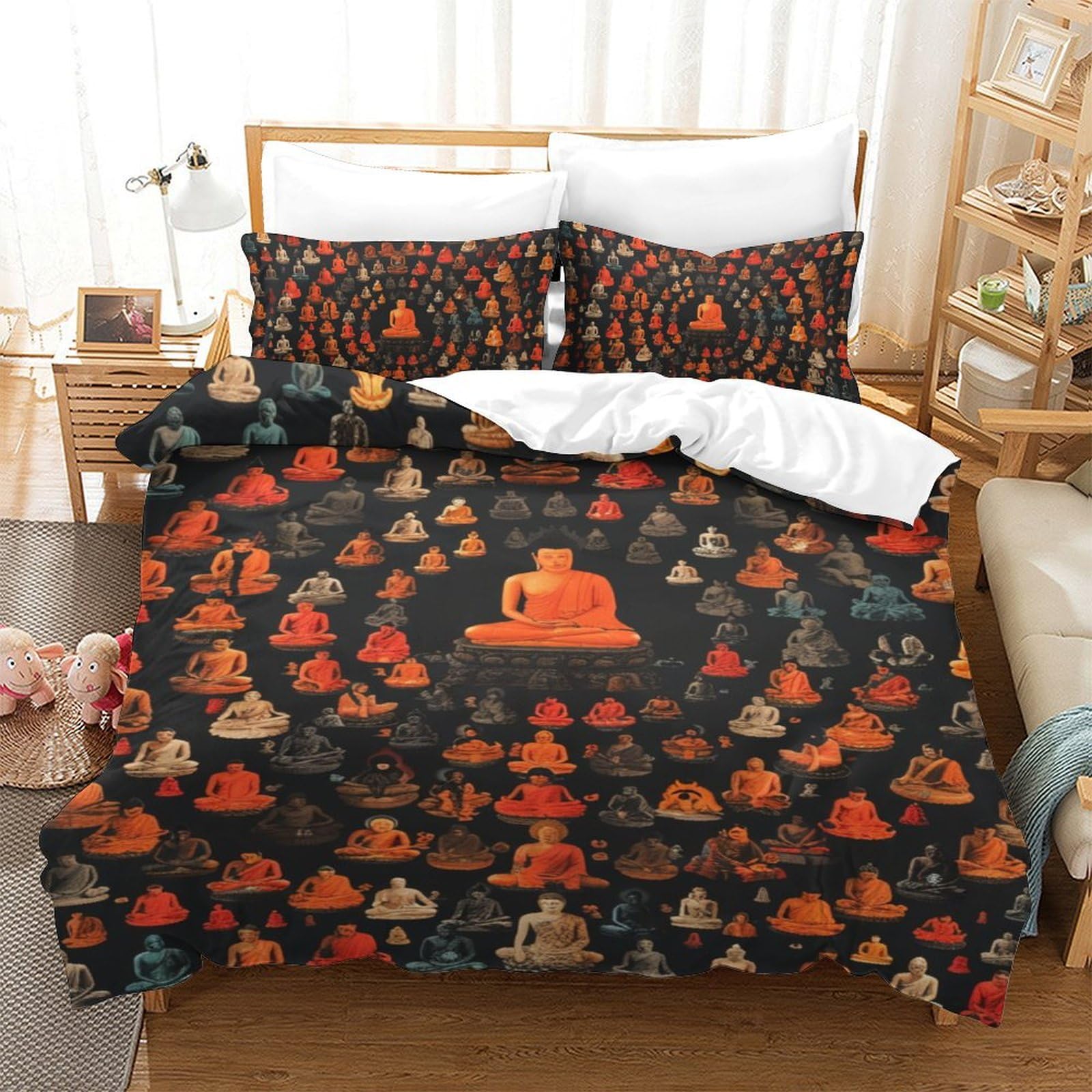 Parure de couette bouddhiste 3D en microfibre 140x200 cm avec taies pour lit simple ado