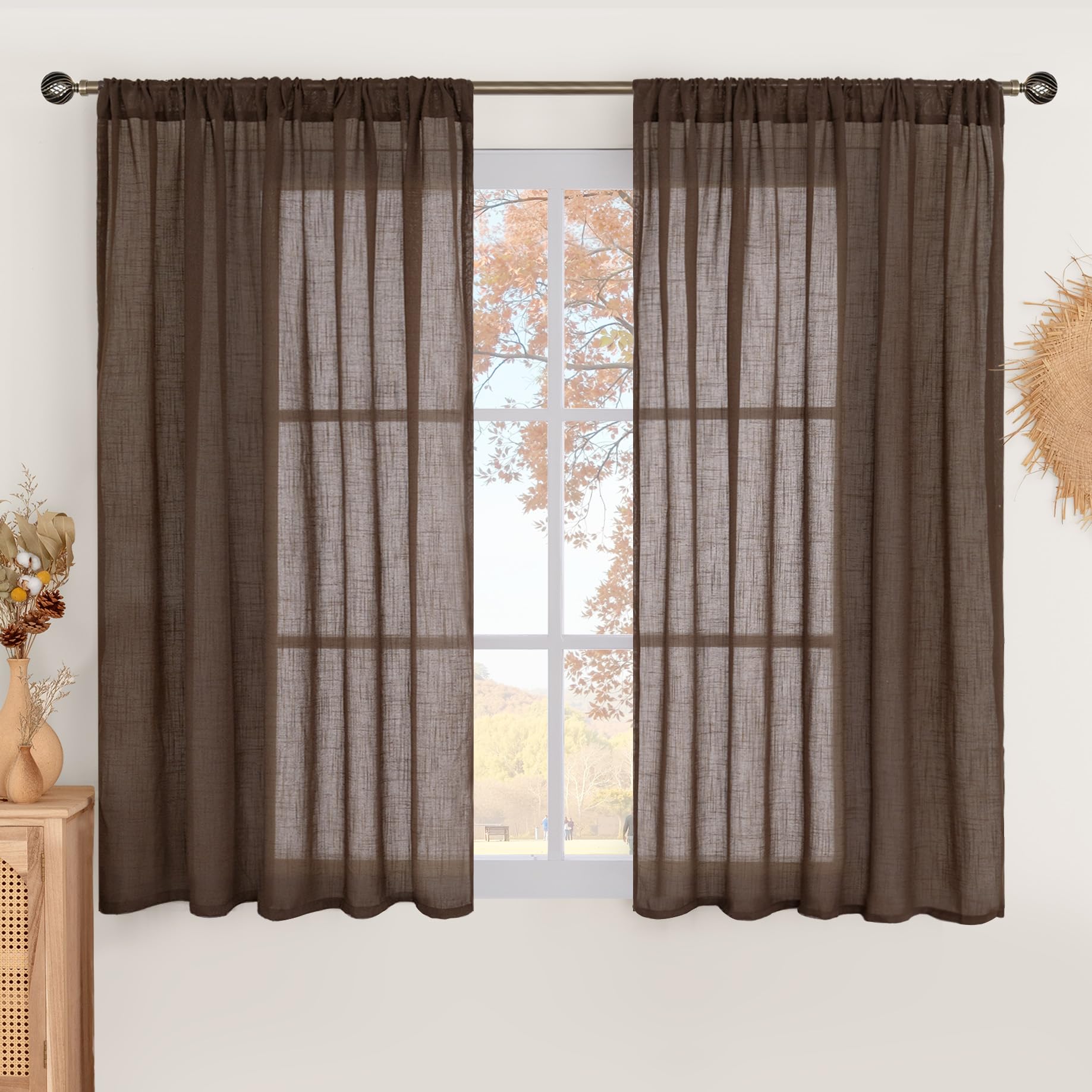 BGment Brown Linen Curtains 45 Inch Length for Window, Short Semi Sheer Drapes Light Filtering for Bedroom Kitchen Bathroom Decor Lightweight Rod Pocket, 2 Panels Set, Each 42 Inch Wide