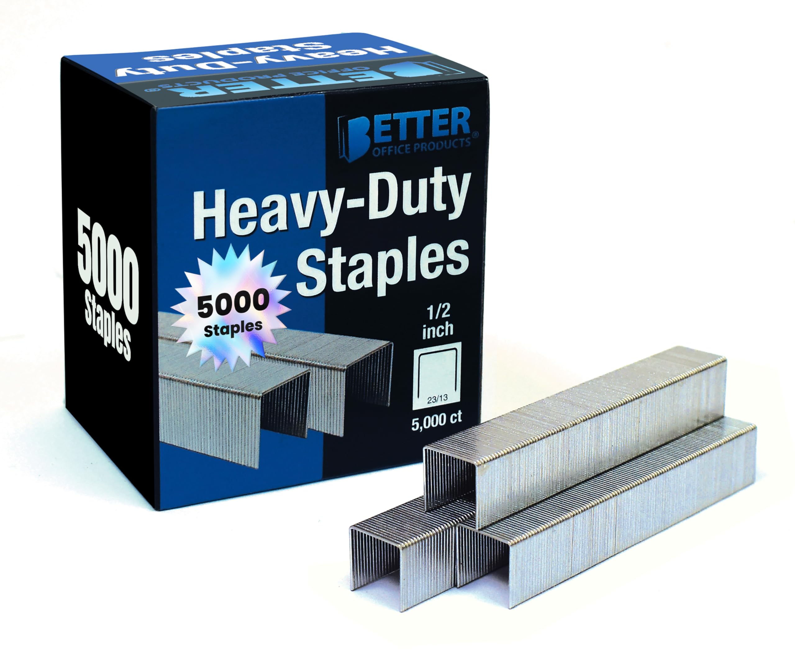 Better Office Products 5,000 Count Heavy Duty Staples, 23/13, 1/2-inch Staples, 100/Strip, Chisel Point Tips, High Capacity,