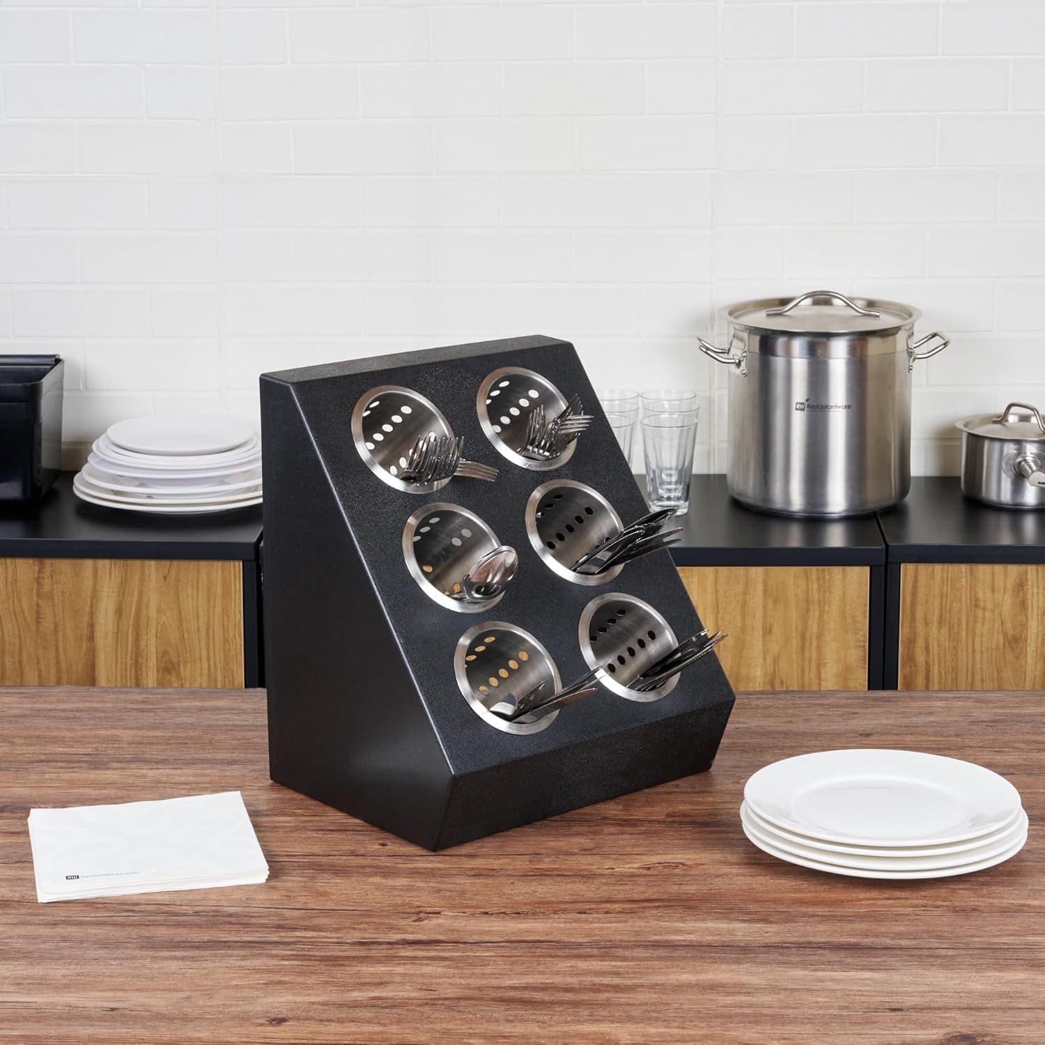 Restaurantware-Met Lux 13.78 x 11.42 x 15.94 Inch Flatware Organizer, 1 Standing Cutlery Holder - Includes 6 Stainless Steel Cylinders, Perforated Design, Black Plastic Utensil Holder, For Breakroom