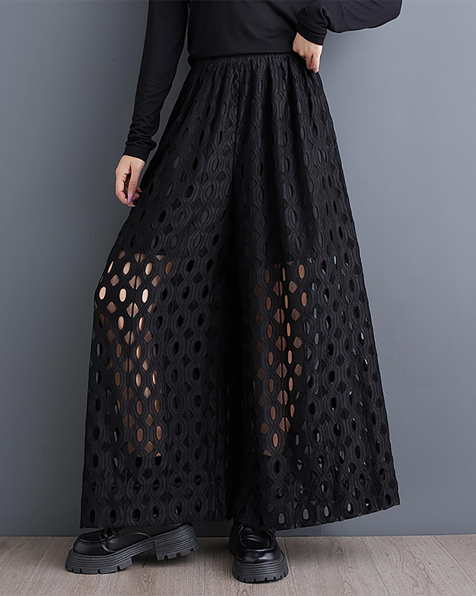ellazhu Damenhose mit weitem Bein, Elastischer Bund, Spitze mit Lochmuster, Zwei Taschen, Locker und Lässig GZ381