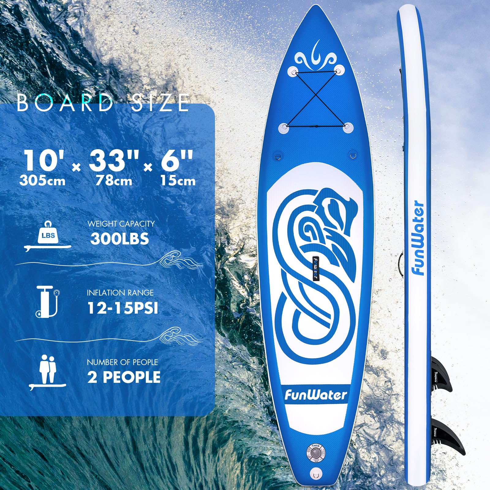 FunWater Tavola SUP Gonfiabile Surf Paddle Board Inflatable, Ultralight SUP per tutti i livelli con Due Accessori Tipo