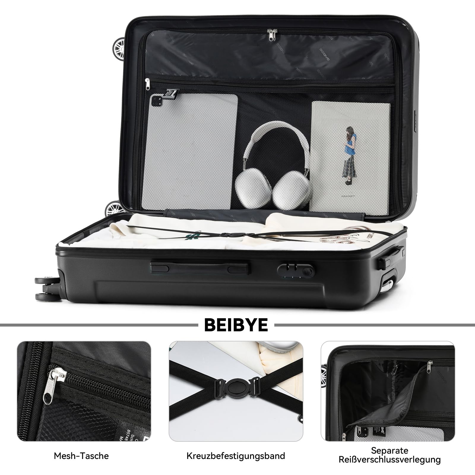 BEIBYE Handgepäck Koffer M 55 cm – Kabinenkoffer aus ABS, leicht, 360° Doppelrollen, Reisekoffer für Kurzreisen, Schwarz