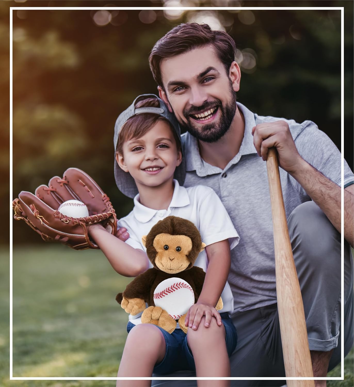DolliBu Monkey Stuffed Animal with Baseball Plush - Soft, Huggable Monkey, Great Gifts for Kids, Cute Wild Animal with Plush Baseball Toy for Kids, Adults - 9 Inches