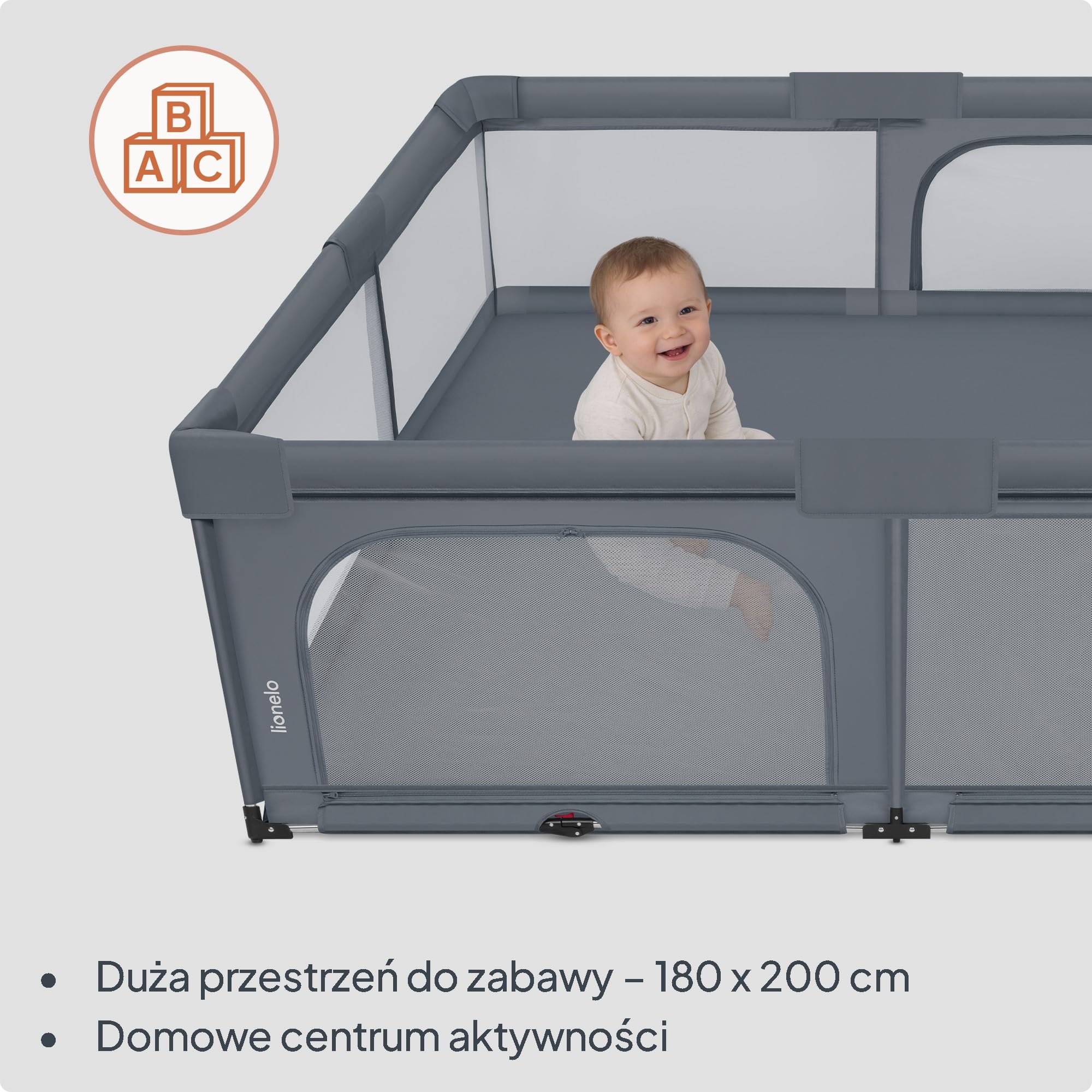 Lionelo Florence XL Easy Fold Kojec dla niemowląt, 180 x 200 cm, składany kojec dla niemowląt, bez montażu, 2 wejścia boczne z zamkiem błyskawicznym, oddychająca siatka, miękkie krawędzie, torba