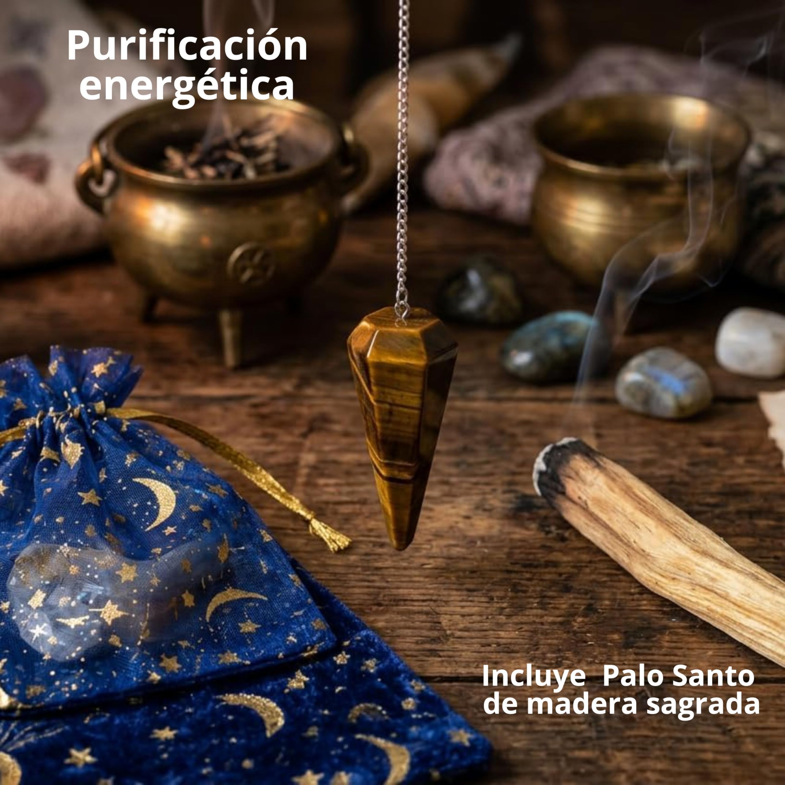 Péndulo Adivinación Ojo deTigre Natural + 1 Palo Santo + Bolsa de Almacenamiento | Herramienta de Radiestesia y Meditación para Tarot, Reiki y Sanación Espiritual | Cristal Auténtico. - 4