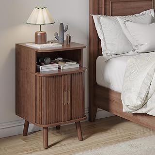 Alohappy Mid Century Modern End Table with Sliding Tambour Door, Fluted Wood Nightstand, Curved Round Edge Side Table with Storage Cabinet for Bedroom, Living Room, Walnut