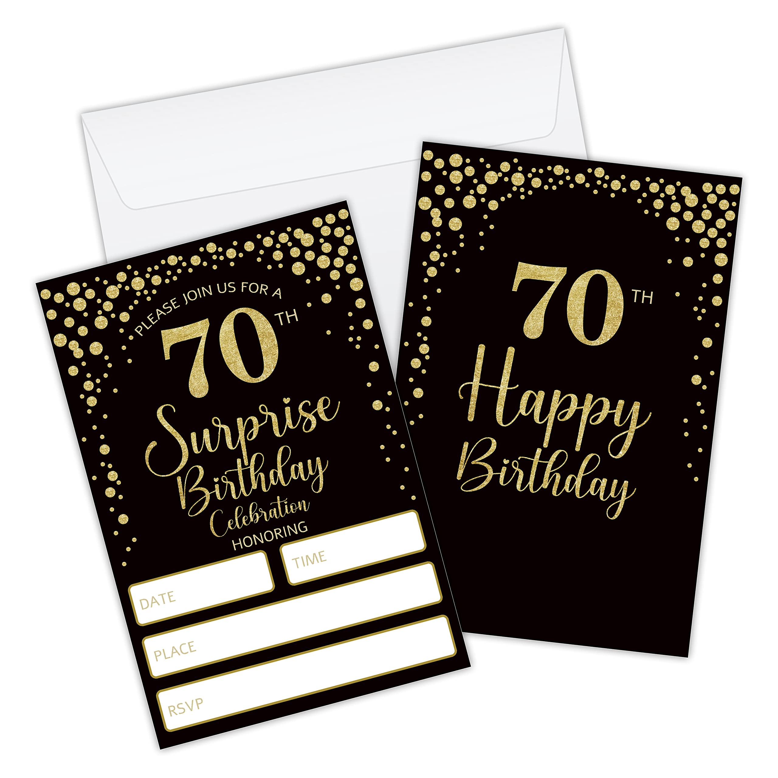 Photo 1 of 4 pack of 20 Black Gold Birthday Party Invitation Cards with Envelopes - 70th Happy Birthday, Surprise Party Celebration Supplies for Woman, Man - MA48