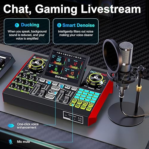 Miniatura 5 de Paquete de micrófono para podcast con mezclador de audio de tablero de sonido en vivo, paquete de equipo de podcast con micrófono de condensador de