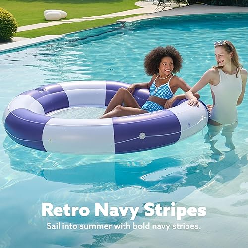 Miniatura 2 de SLOOSH Flotador inflable para piscina con malla, flotadores de piscina de 80 x 80 pulgadas, doble anillo redondo para adultos, balsa flotante para