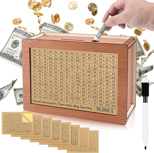 Homgaty Caja de dinero con contador, caja de dinero de madera reutilizable retro con 500 1000 2000 3000 5000 10000 objetivo de ahorro de dinero,
