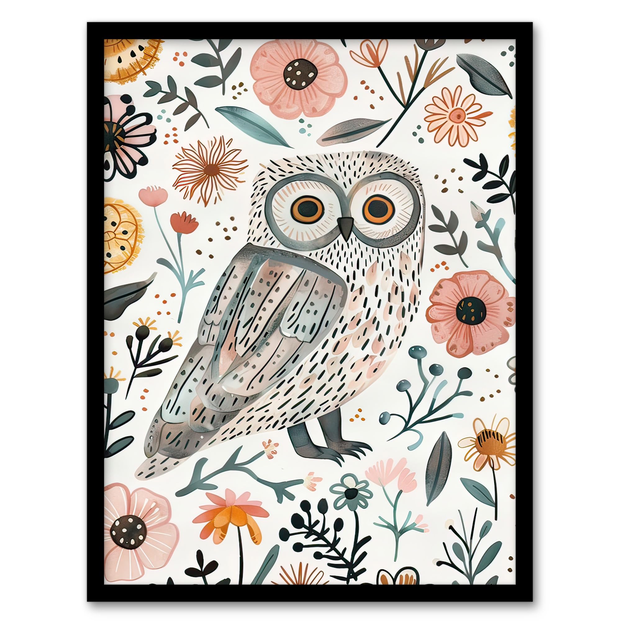 Artery8 Cute Tawny Owl With Flowers Bright Watercolour Wall Art PrintA4 Size from B&Q
