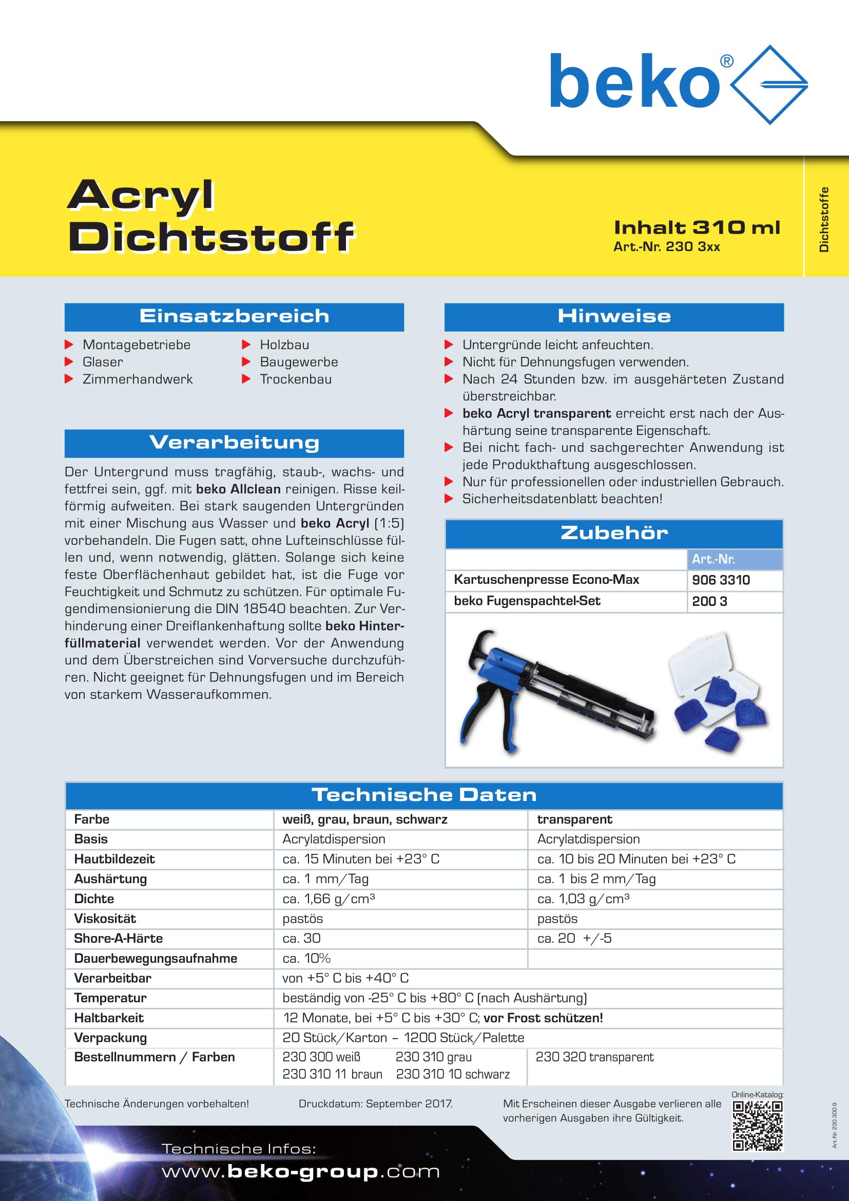 20 x Beko Acryl-Dichtstoff weiß, 310 ml (1 Karton)