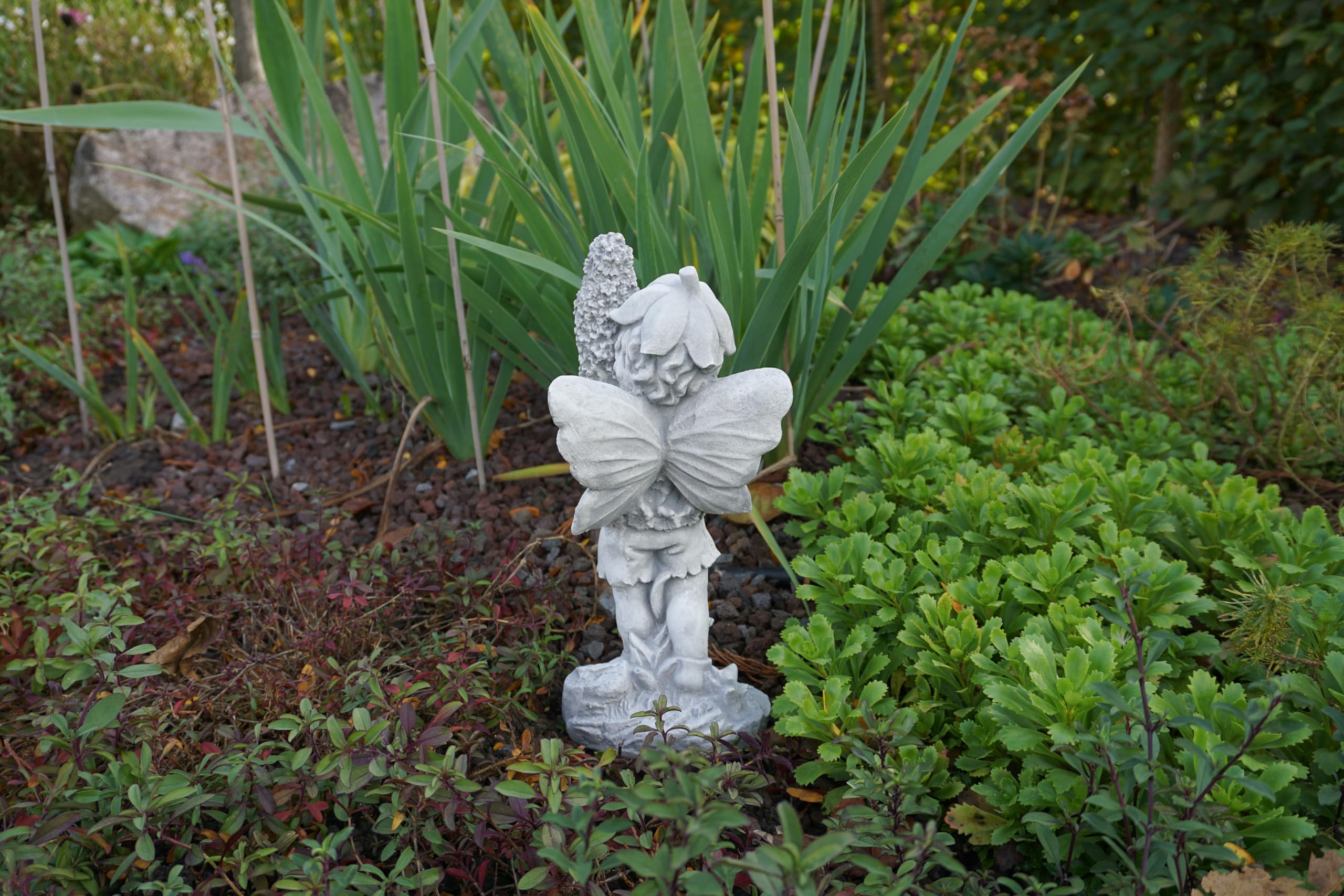 gartendekoparadies.de Elfe mit Hyazinthe, Steinfigur, Grau, Frostsicher aus Steinguss für Außenbereich, H. 32 cm, 3 kg