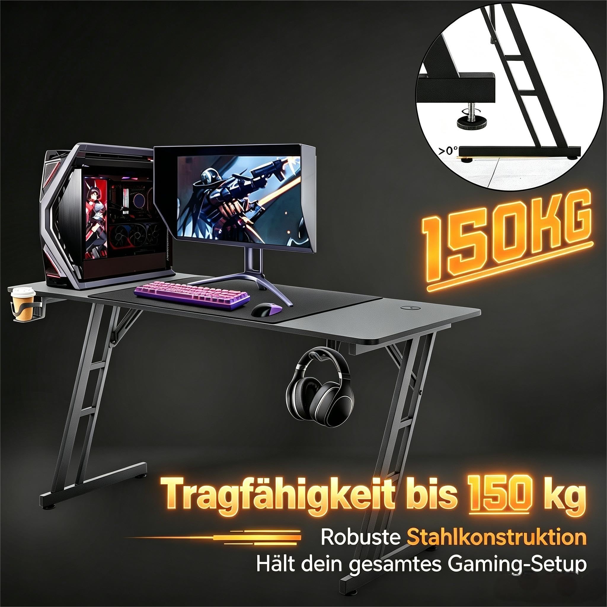 Froadp Gaming Schreibtisch 140x60cm Z-förmiger PC Gaming Tisch Schwarz Kohlefaseroberfläche Ergonomischer Computertisch mit Getränkehalter und Kopfhörer Haken 150 kg Belastbarkeit