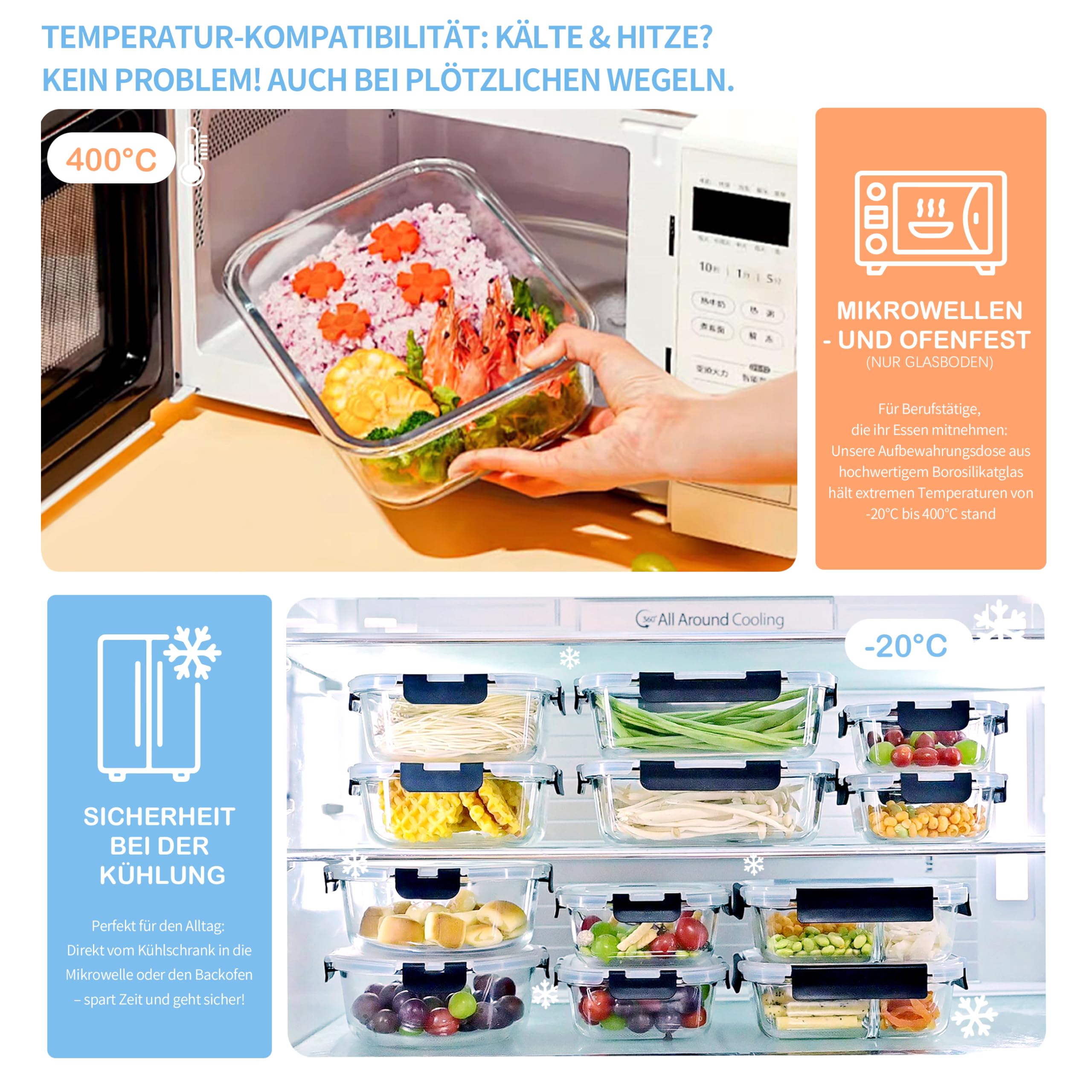 ERUIV Boite Conservation Alimentaire Rectangles, 4 pièce 1520ml Set Contenitori per alimenti, Plat En Verre Avec Couvercle hermétiques, boite de conservation alimentaire en verre empilables, Sans BPA