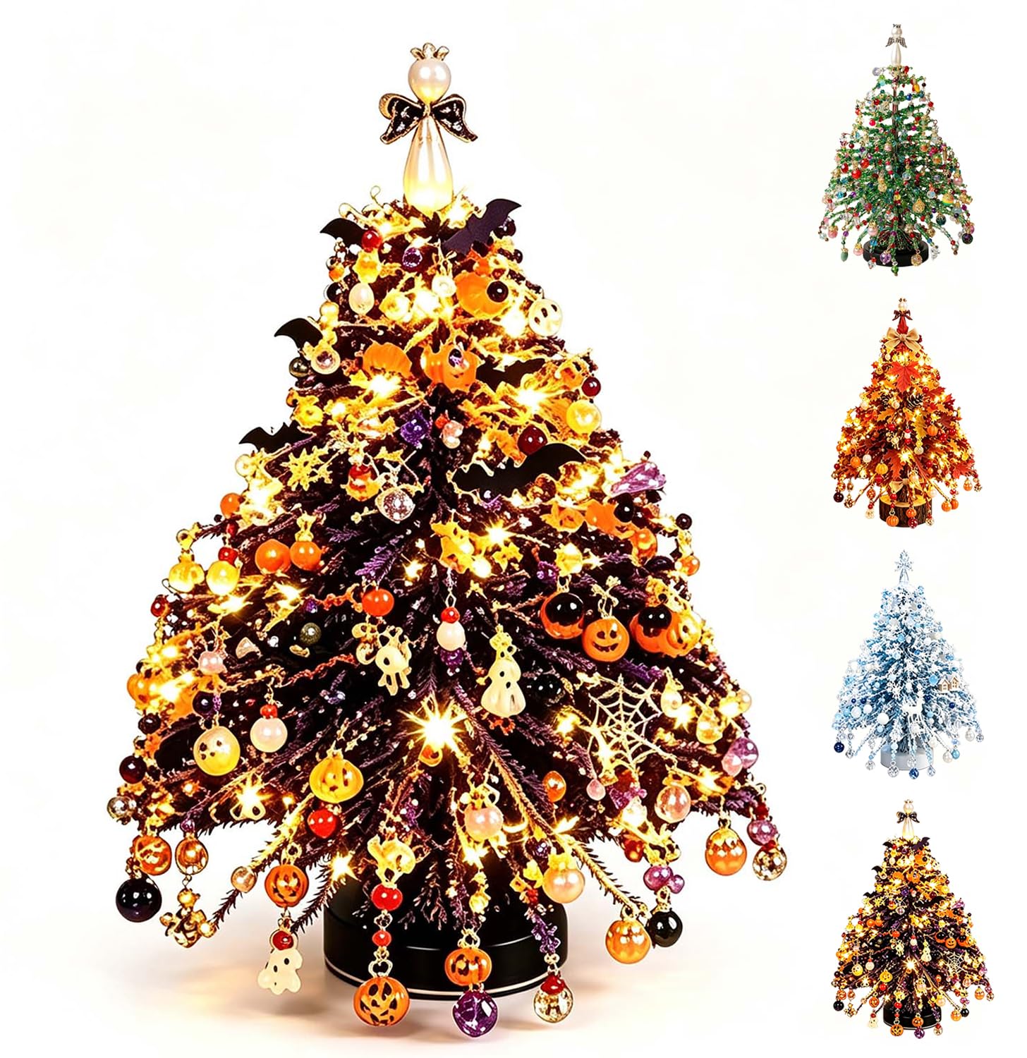 DIY Beaded Christmas Tree Kit, Crystal Christmas Craft Set for Adults with Colorful Beads, Ornament Charms, Metal Frame & Angel Topper, Warm Glow Display, Tabletop Decor, Relaxing Holiday Gift，Black