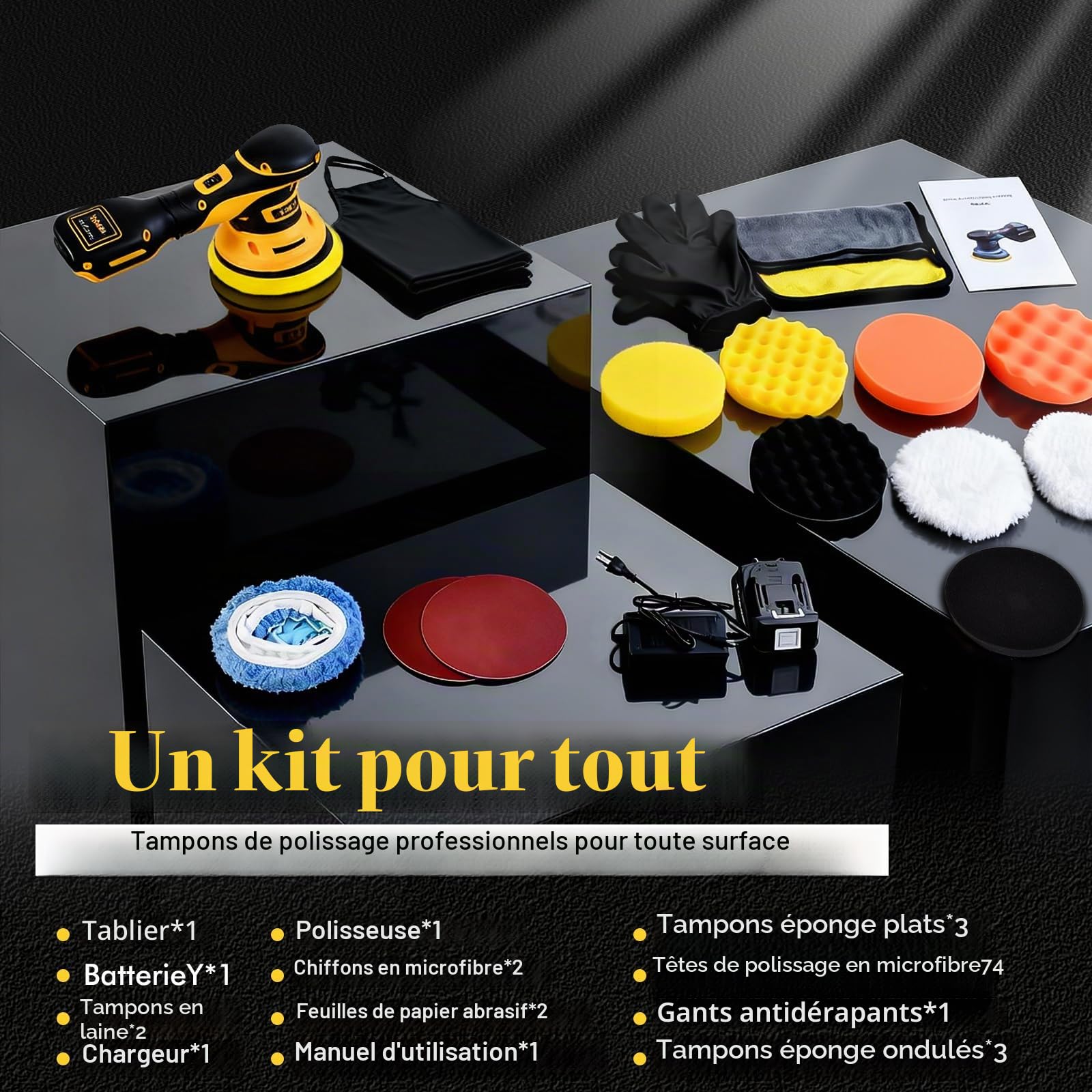 Polisseuse sans fil pour voiture avec 1 batterie de 20 V 4000 mAh, 6 vitesses variables, 2500-5000 tr/min, kit de polissage de 20 pièces pour l'entretien des détails de la voiture et l'élimination des