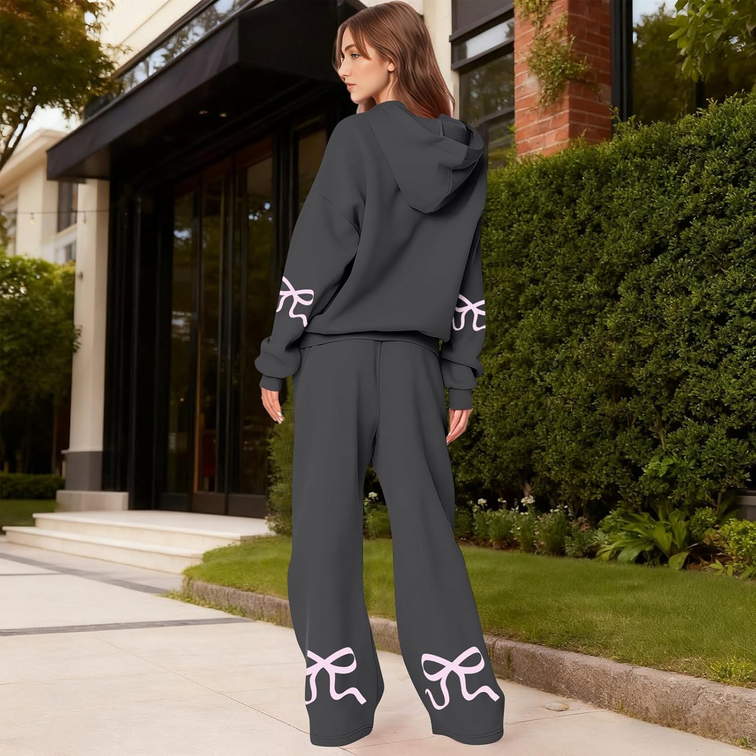 Gumipy Sweatsuits Women 2 Piece Outfit Bow Graphic Cute Hoodies Matching Wide Leg Sweatpants Lounge Sets Fleece Sweat Set - Image 4