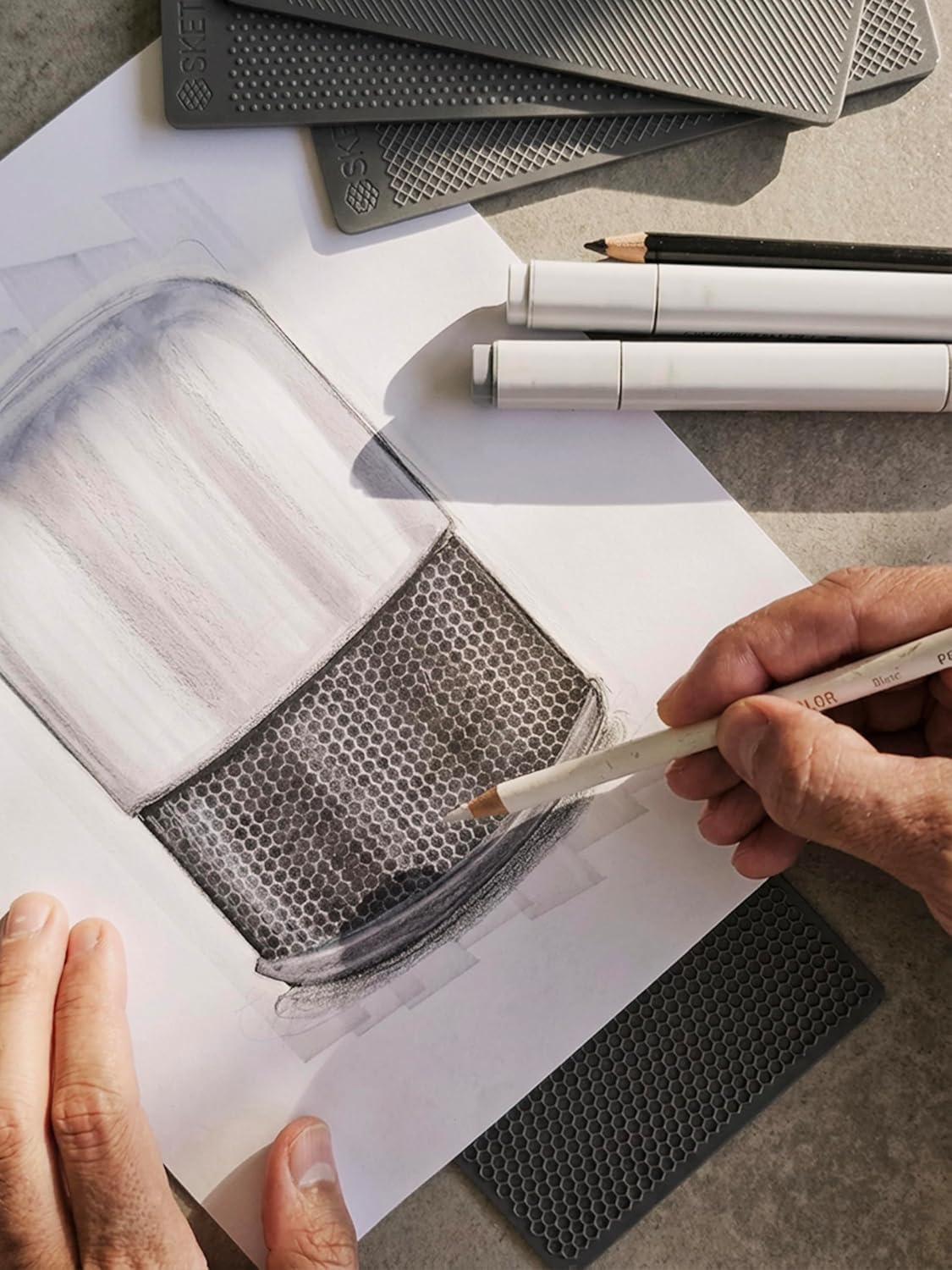 SketchTiles Essentials 4-Pack - Texture Stencils for Sketching, Design Drawing Templates, 8 Patterns - Hexagon, Dot Grid, Crosshatch, Diagonal Lines, Hatching, Frottage Texture Plates, A6 size