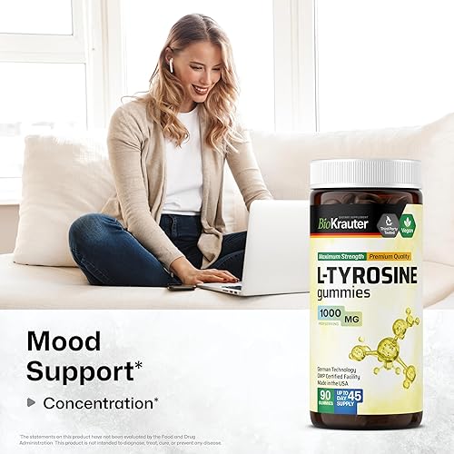 Miniatura 2 de BIO KRAUTER L - Gomitas de suplemento de tirosina – 1000 mg de fuerza – 90 masticables veganos – Apoyo al estado de ánimo y cognitivo – Gomitas de