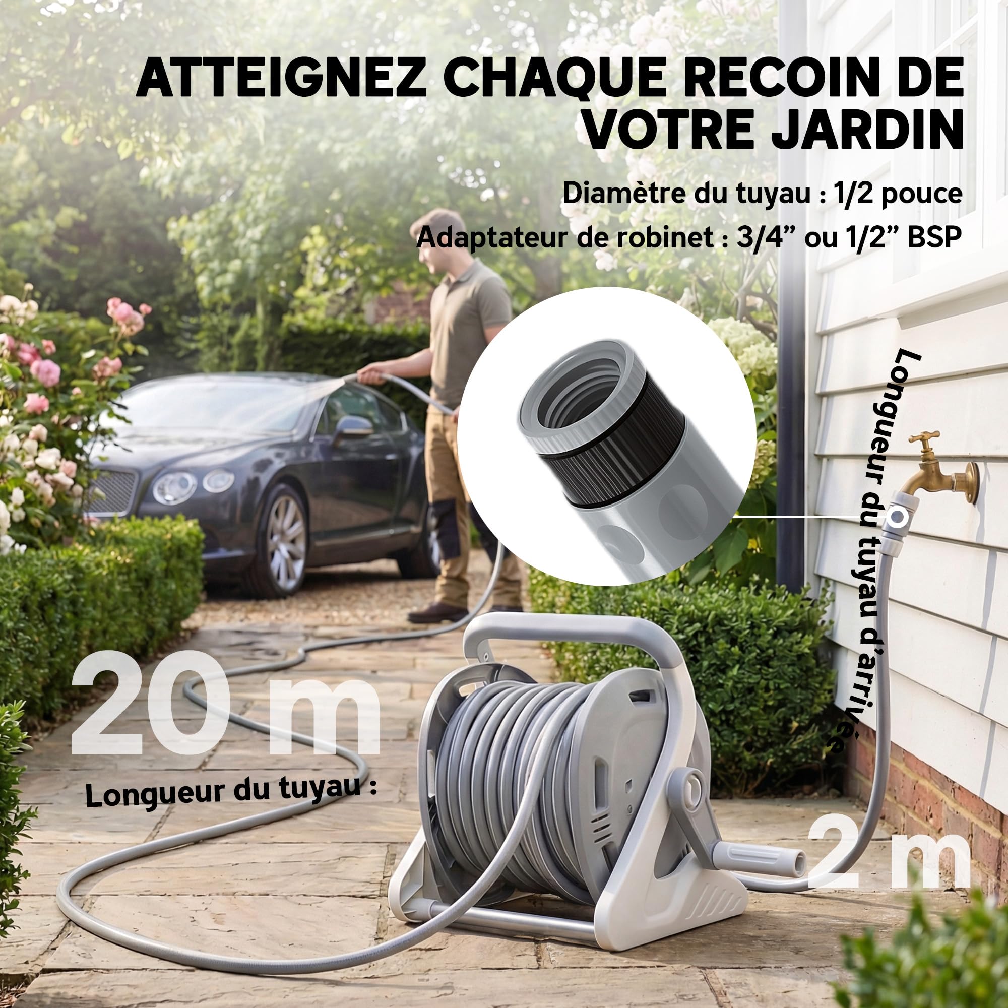 Outsunny Enrouleur Tuyau Arrosage Mural 20+2 m x Ø 15 mm Manivelle Gris | Dévidoir de Tuyaux d'Eau Portable, Buse à 2 Modes, pour Pelouse, Garage, Lavage de Voiture et Arrosage