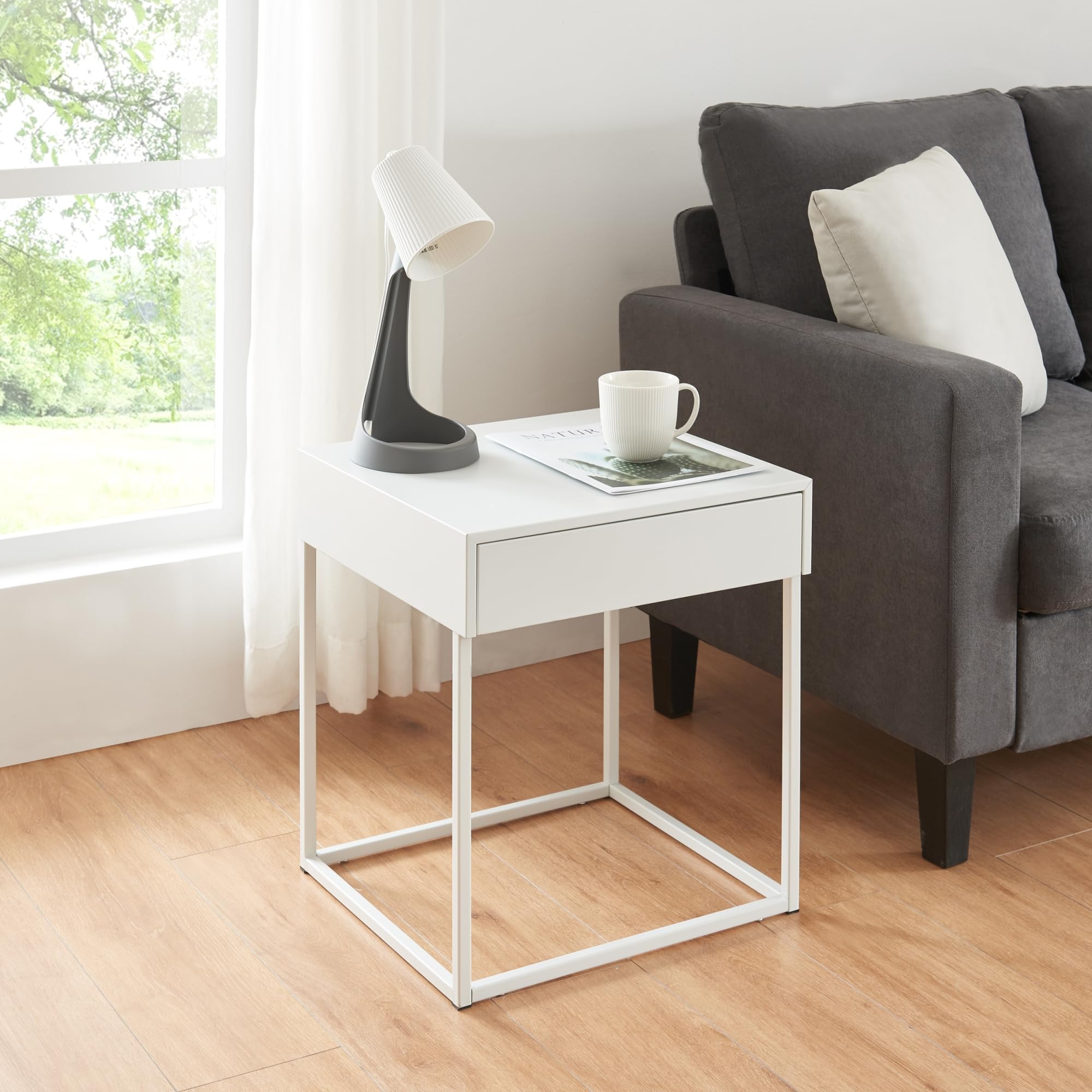[en.casa] Comodino in Acciaio con Cassetto Tavolino Laterale per Letto Tavolino da Divano Mobiletto Notturno Moderno Industriale 50 x 43 x 41 cm Bianco Opaco
