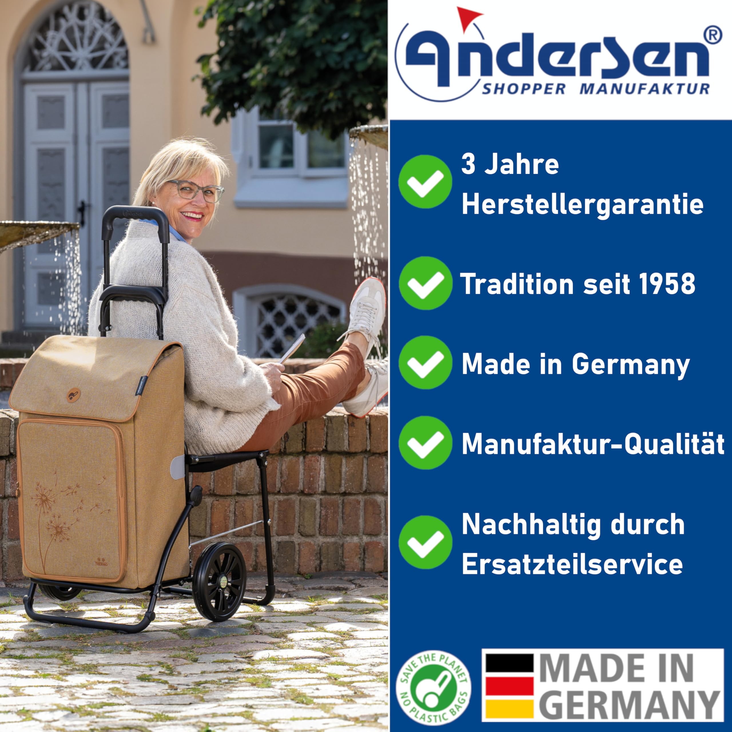 Andersen Einkaufstrolley - klappbar - 54 Liter - mit Klappsitz bis 120 kg | belastbar 50 kg - Stahlgestell - Trolley - Komfort Shopper Milla schwarz