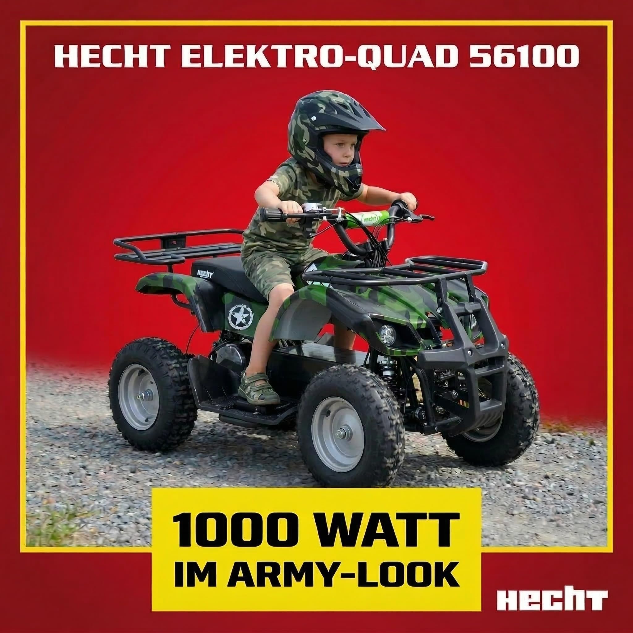 HECHT Elektro Kinderquad bis 25 km/h – Offroad Quad für Kinder mit 1000 W Motor, 36 V/12 Ah Blei-Gel-Akku, 3 Fahrstufen, Scheibenbremsen vorn/hinten & verstellbarer Federung (Army)