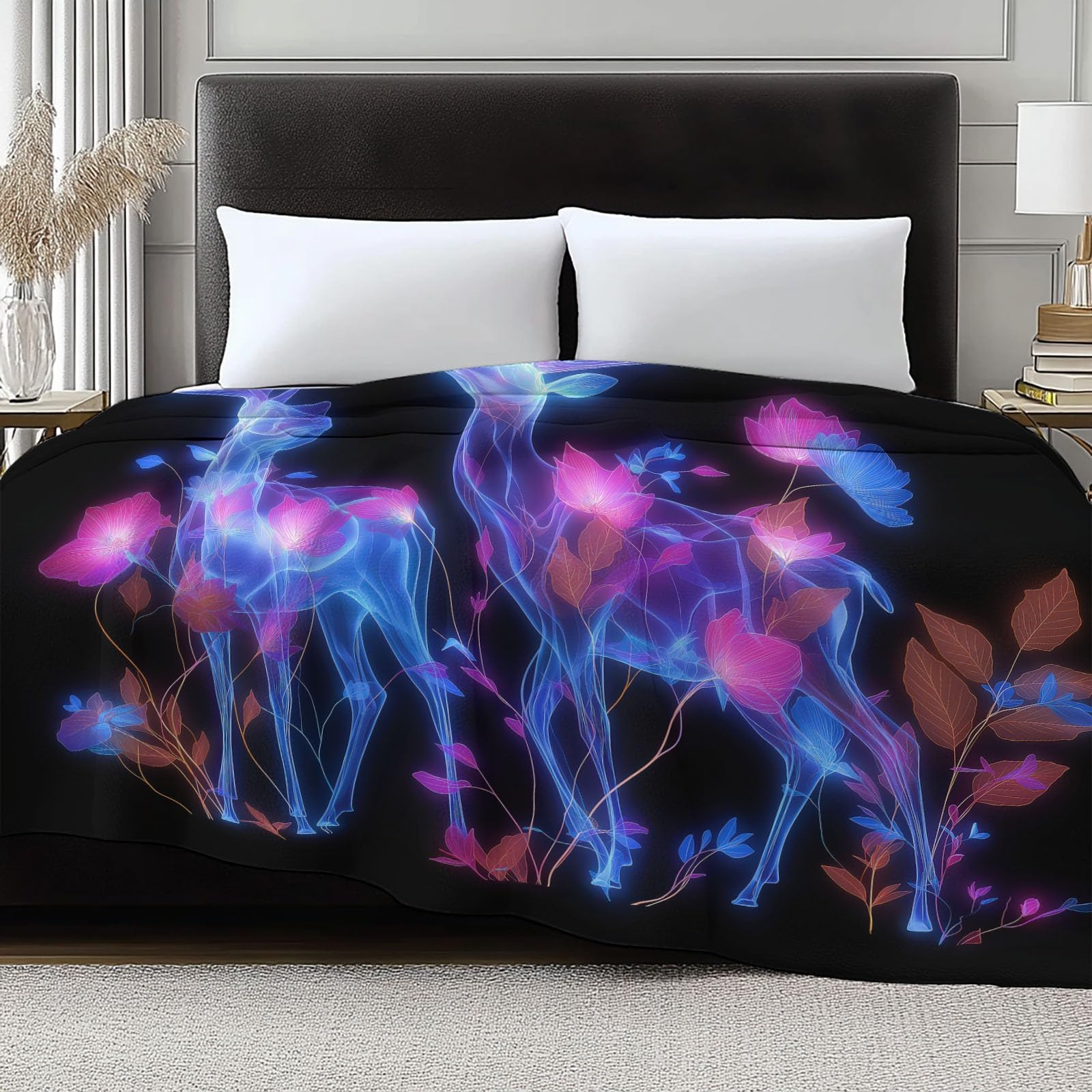 Generico Nero Coperta Plaid in Pile di Flanella Arte Digitale Cervo Al Neon Morbida Leggera Coperta 180 x 220 cm - Adatto per Letto Divano Campeggio Viaggio Sedia a Sdraio