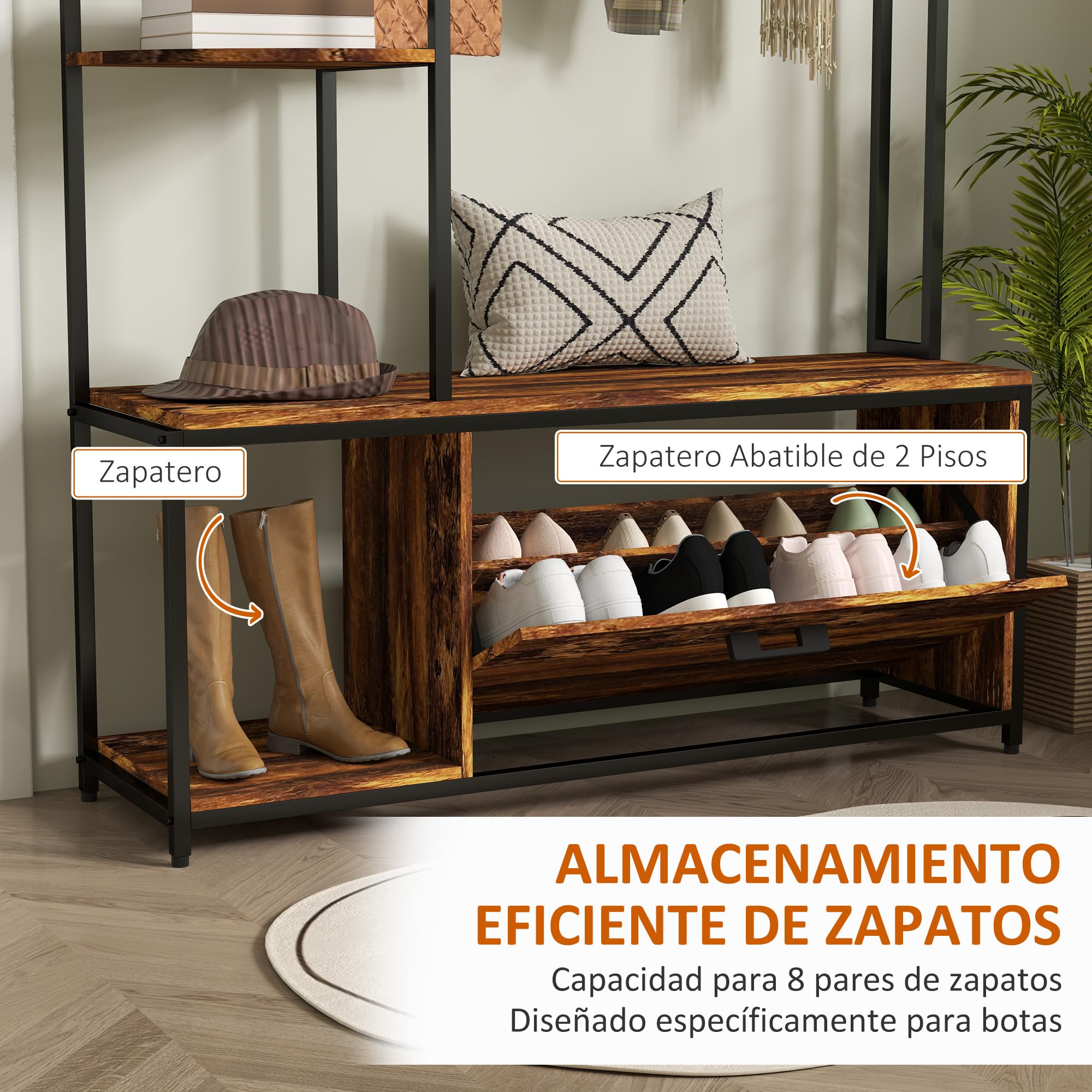 HOMCOM Perchero Zapatero Perchero Entrada Recibidor 4 en 1 con Banco Zapatero de 2 Pisos Estantes Ganchos Compartimento y Sistema Anti-vuelco para Pasillo Dormitorio 120x35x180 cm Marrón Oscuro