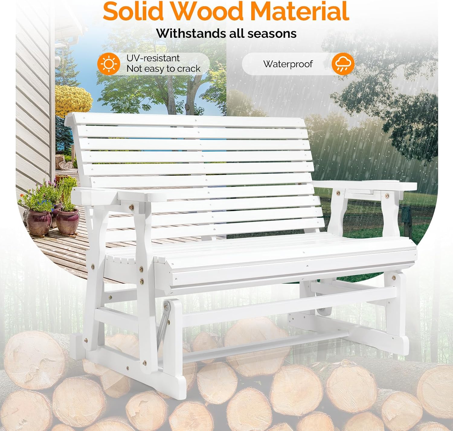 Image showing the VINGLI Glider Bench with text indicating 'Solid Wood Material', 'UV-resistant', 'Not easy to crack', and 'Waterproof'