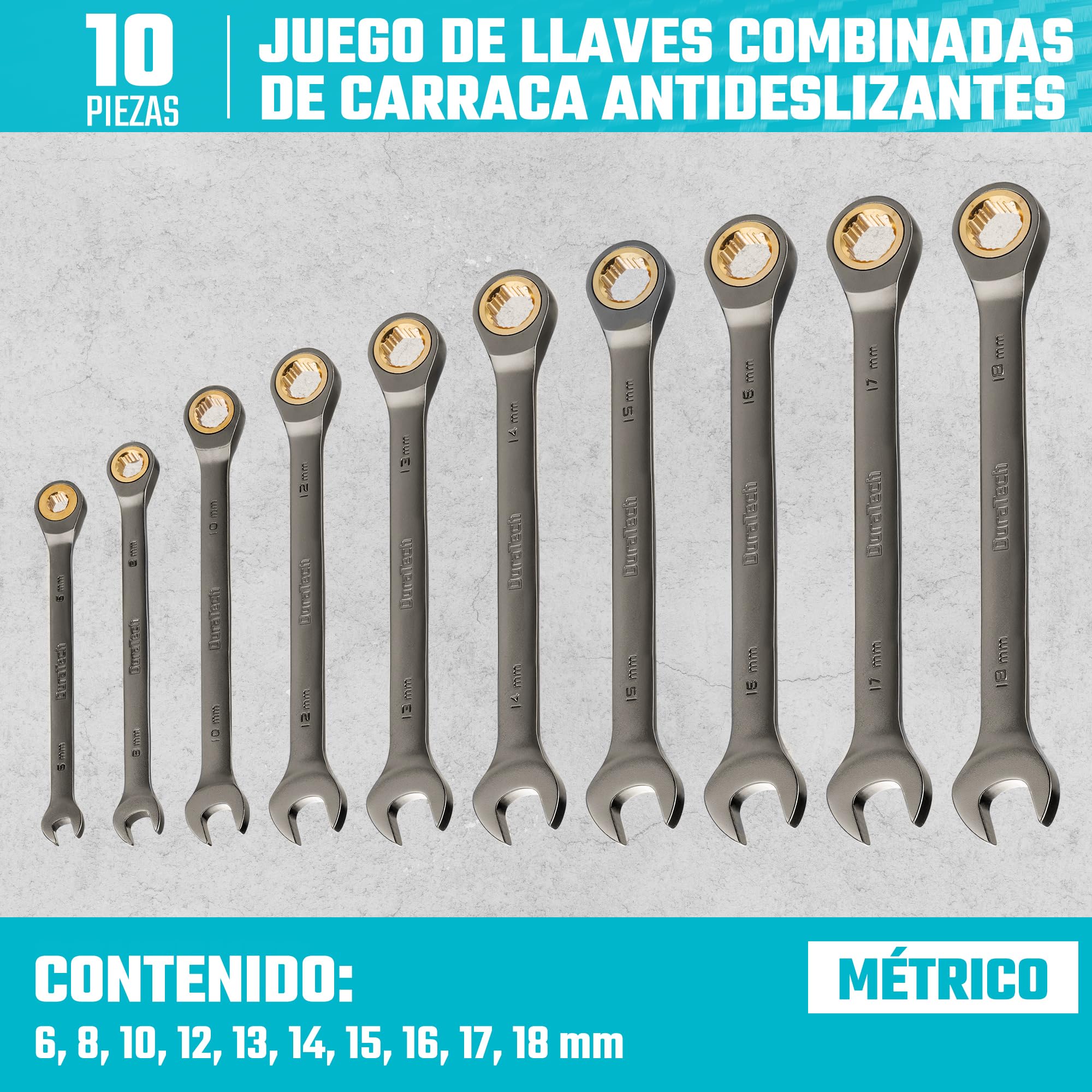 Duratech Juego de 10 llaves mixtas con trinquete antideslizantes, métricas 6-18 mm, 72 dientes, niqueladas, acero CR-V, con funda