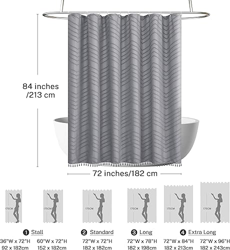 Miniatura 4 de Cortina de ducha extra larga de estilo bohemio gris con borla, tela tejida de 84 pulgadas, cortina de ducha copetuda, rayas cheurón, 72 x 84