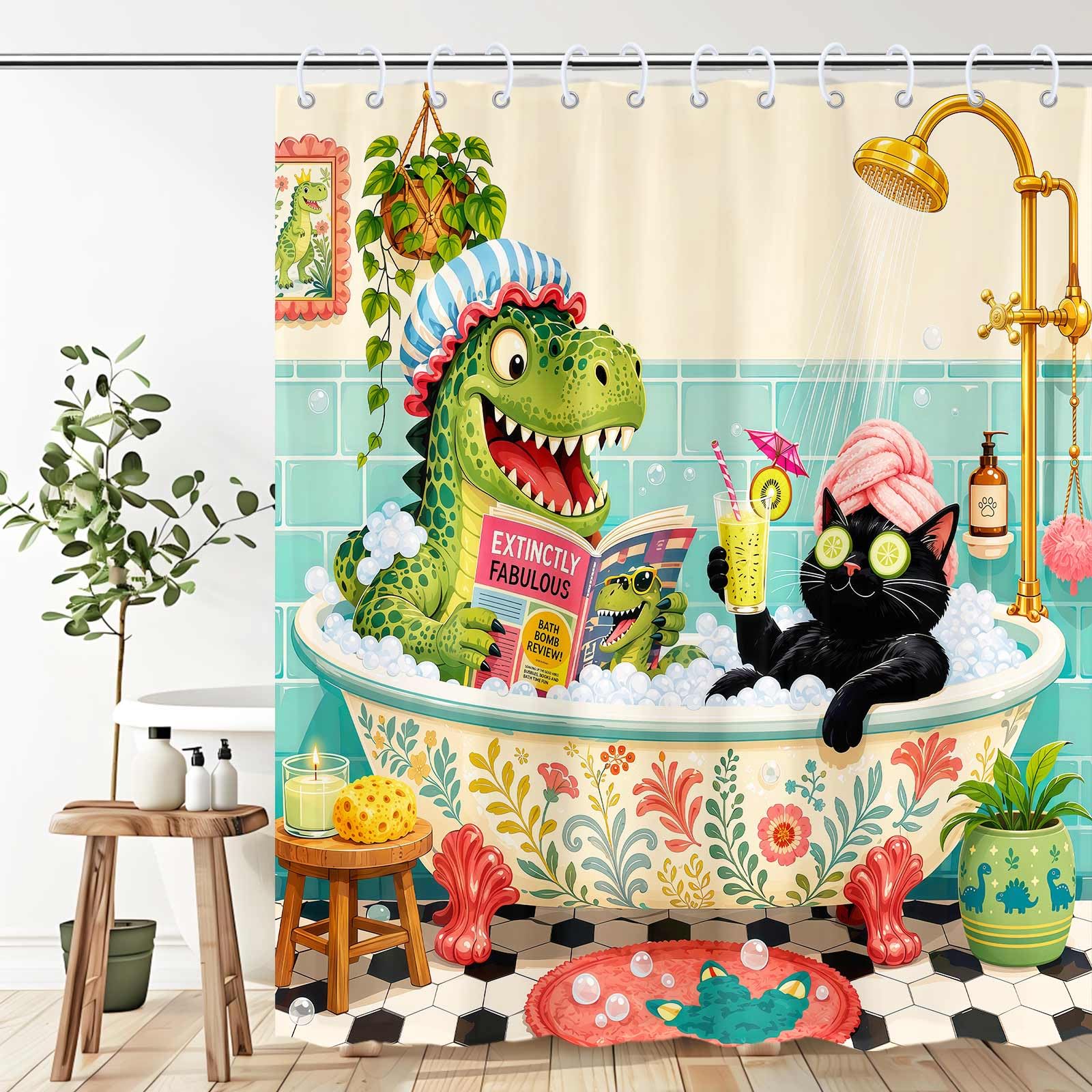 Boziqr Funny Cat Dinosaur Shower Curtain,Cute Animal Spa Bathroom Decor