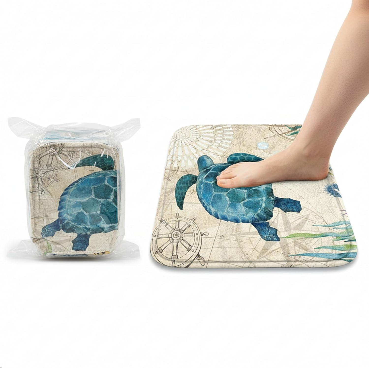 Sea Turtle Bathroom Set Turtle Shower Curtain Nautical Curtain with Starfish Coral Shower Curtain,with Non-Slip Rugs, Toilet Lid Cover and Mat,Gift for Friends BoyGirl Kids