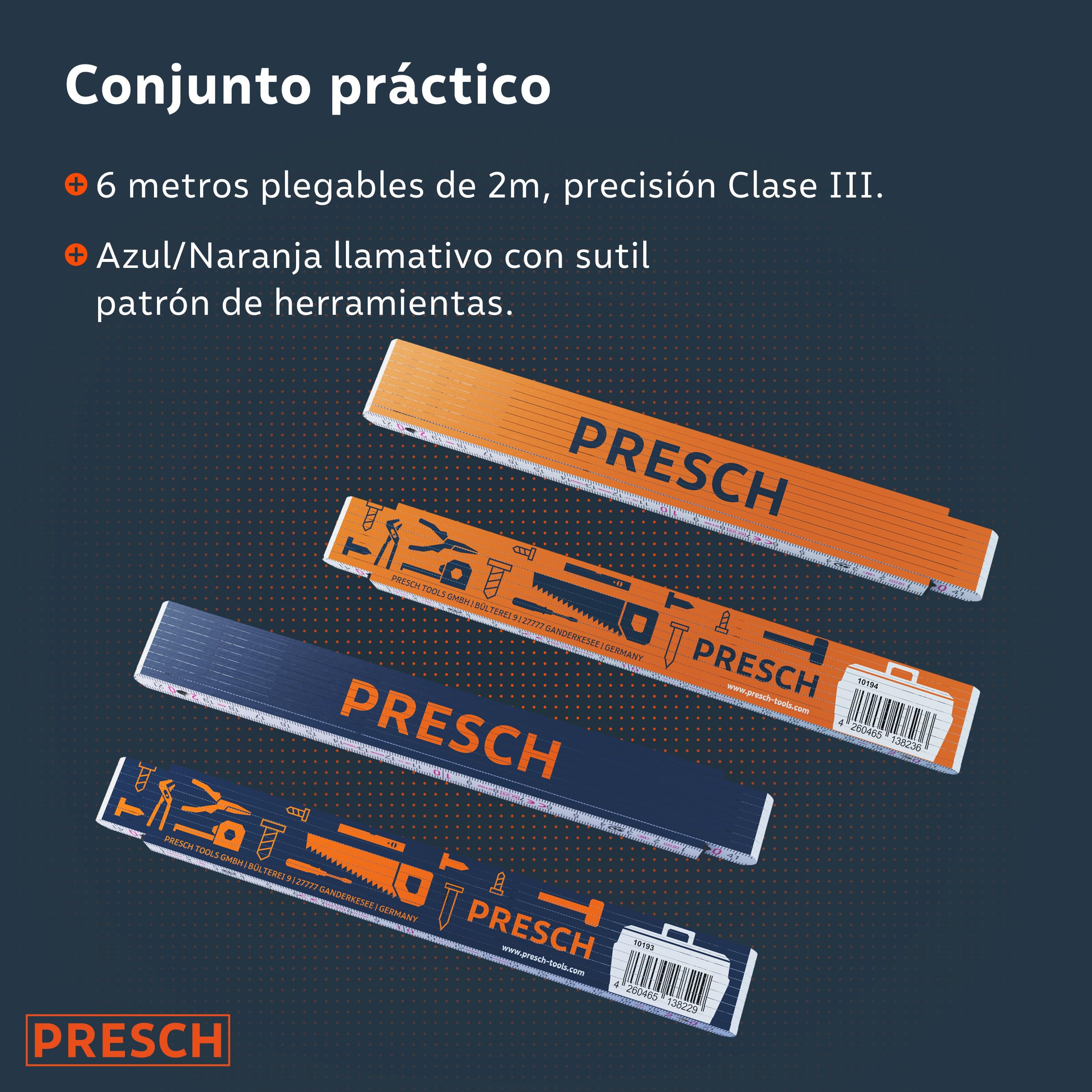 Presch Set de Metros plegables de 2 metros con escala de ángulo | 6 piezas | Madera | Naranja/Azul | Números grandes y altamente legibles | Encaje preciso | Metro de madera, Metro de carpintero