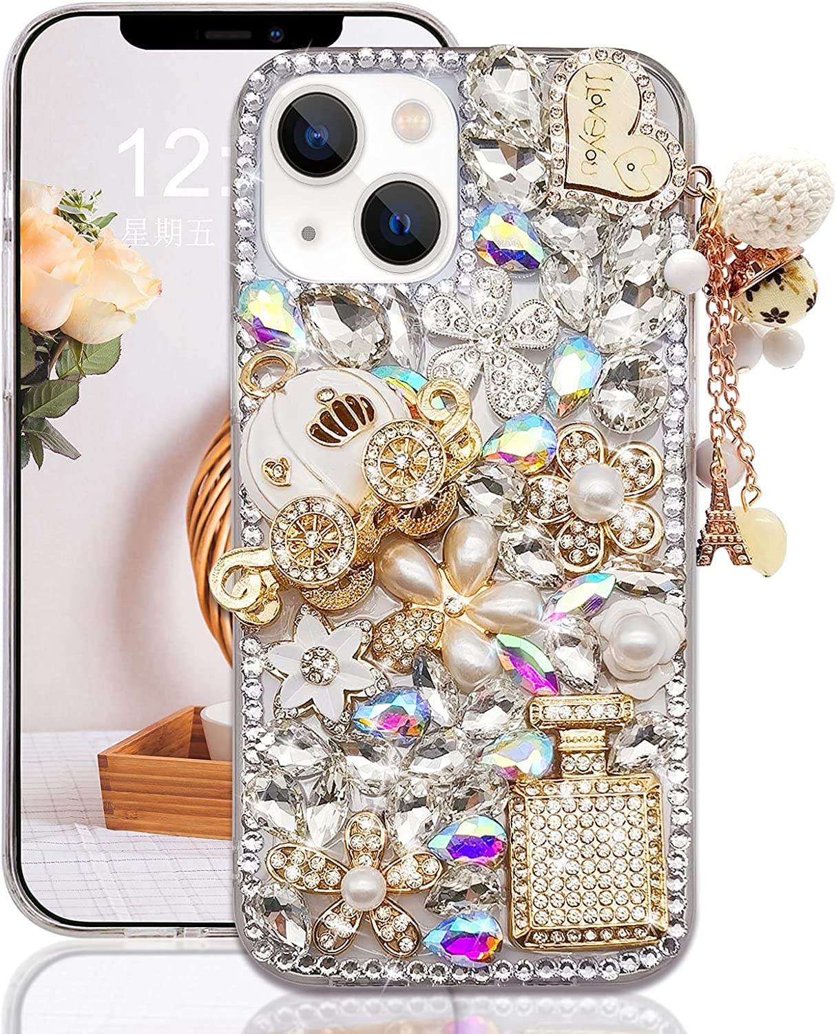 Photo 1 of [2 IN 1] Twinkle series Cute Case Designed For iPhone 13 Glitter For Girl Women, 1X tempered screen protector, [Handcrafted & Soft TPU], 3D Sparkly Diamond Case for iPhone 13 (6.1 inch), White Bling White iPhone 13 (6.1inch)